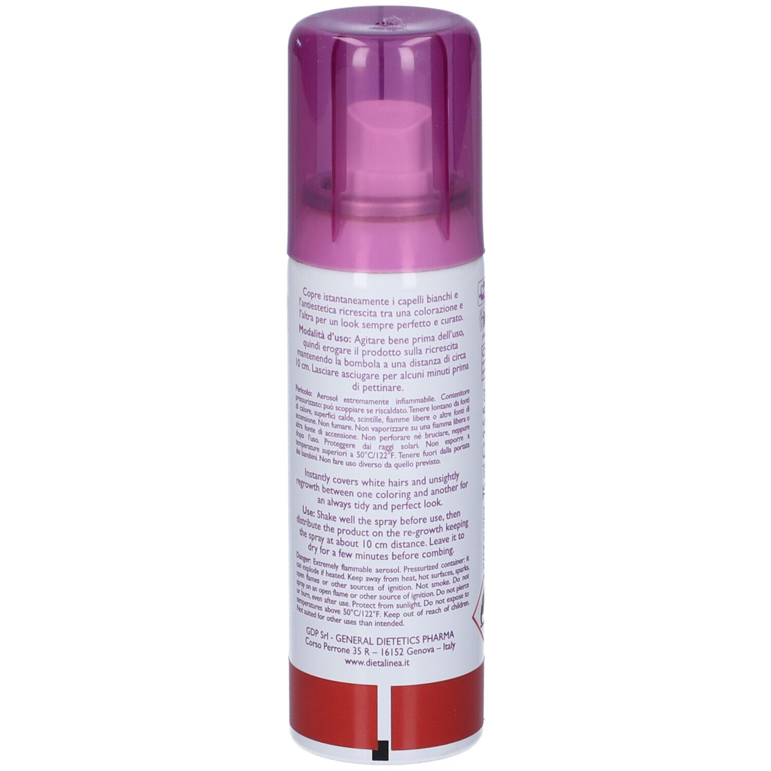 Retro del flacone spray. Informazioni testuali e avvertenze. Marchio: Dietalinea.