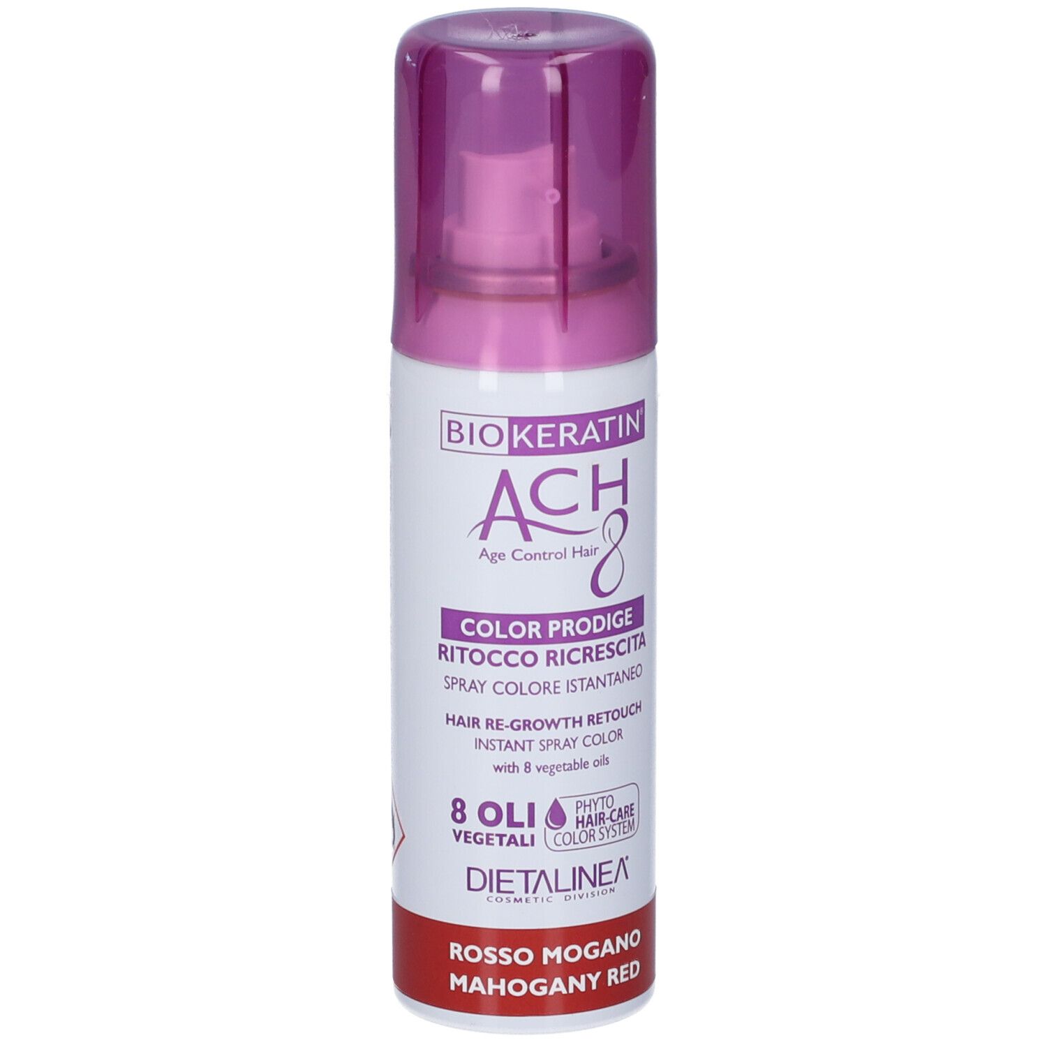 Flacone spray rosso. Scritte: BIOKERATIN ACH8, COLOR PRODIGE, ROSSO MOGANO. Marchio: Dietalinea.
