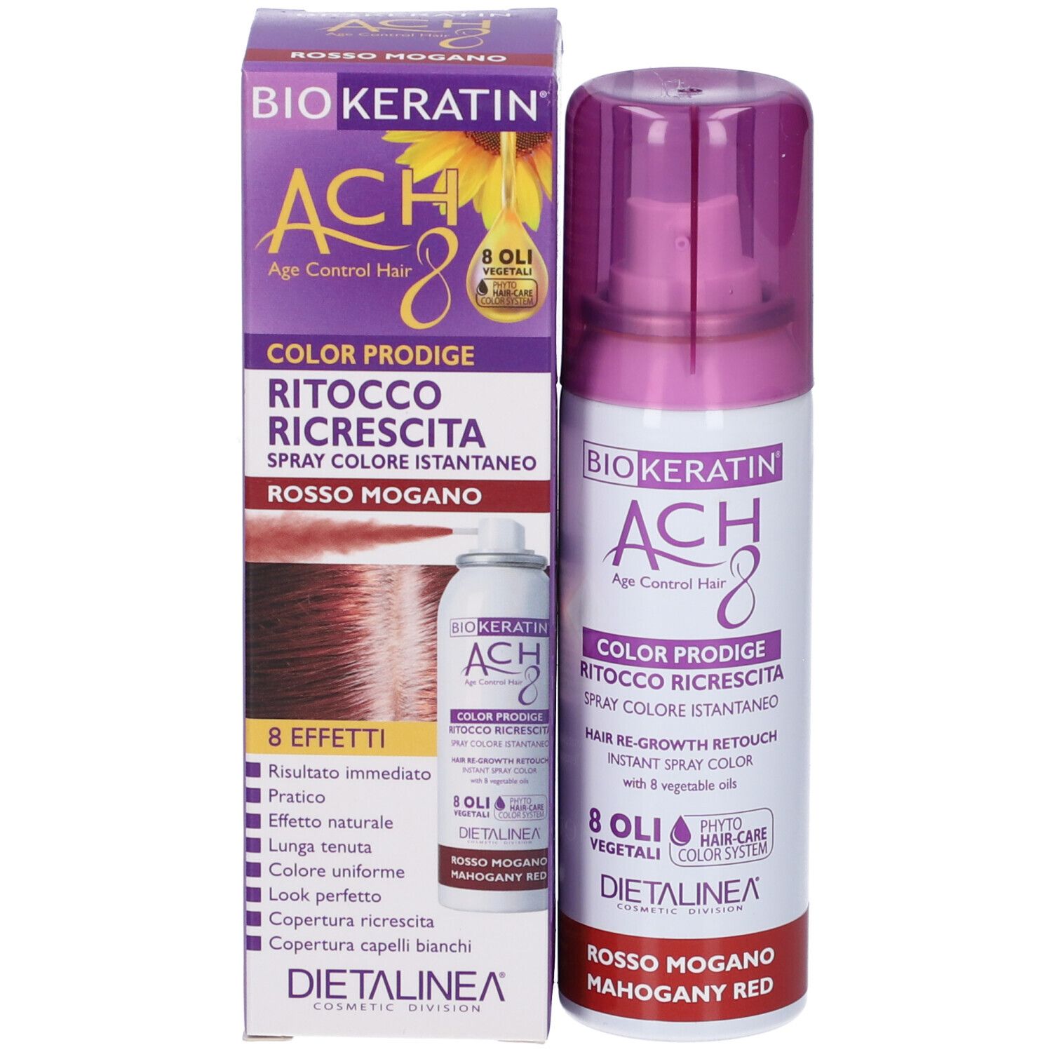 Confezione e flacone spray. Scritte: BIOKERATIN ACH8, COLOR PRODIGE, ROSSO MOGANO. Marchio: Dietalinea.