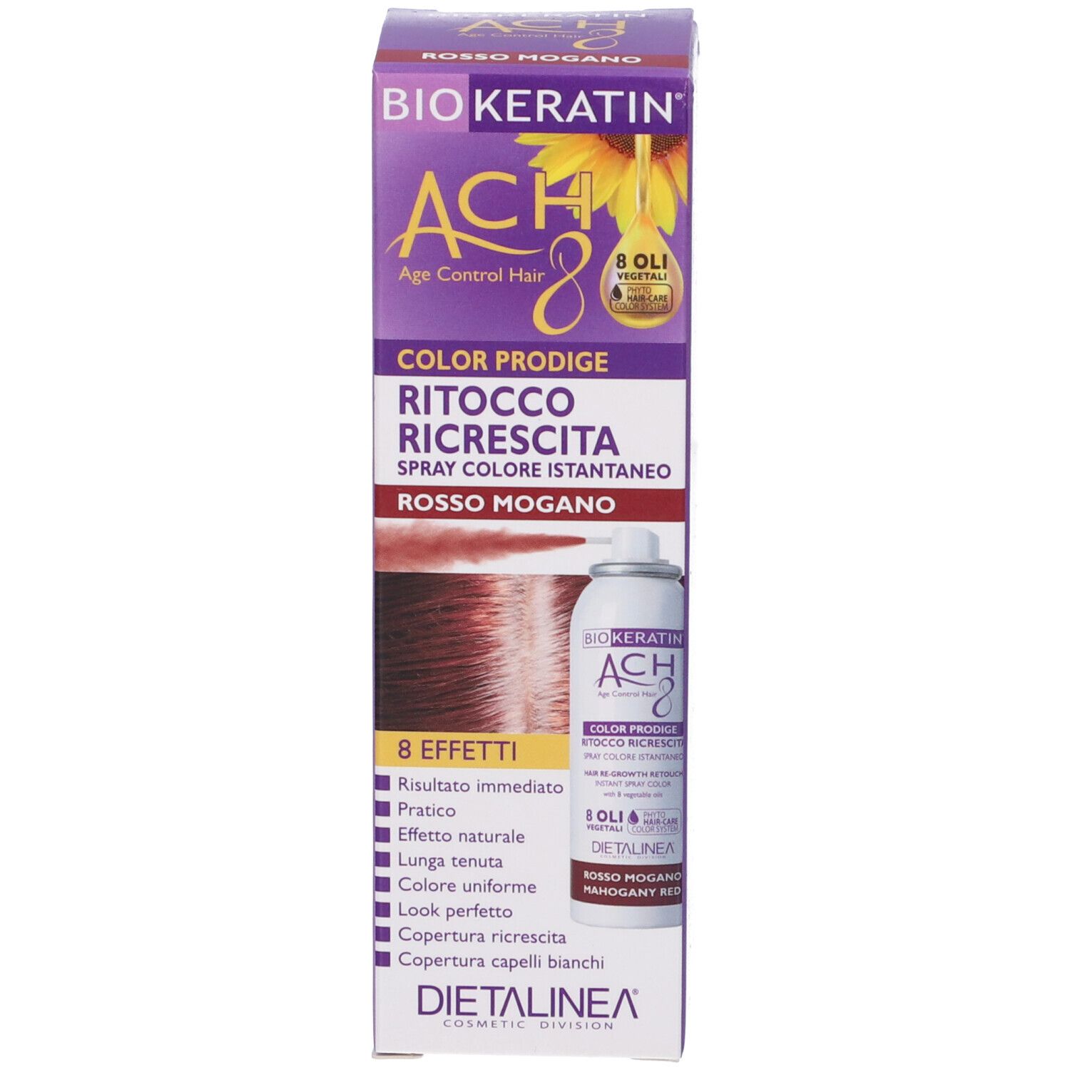 Confezione del prodotto. Scritte: BIOKERATIN ACH8, COLOR PRODIGE, ROSSO MOGANO. Marchio: Dietalinea.
