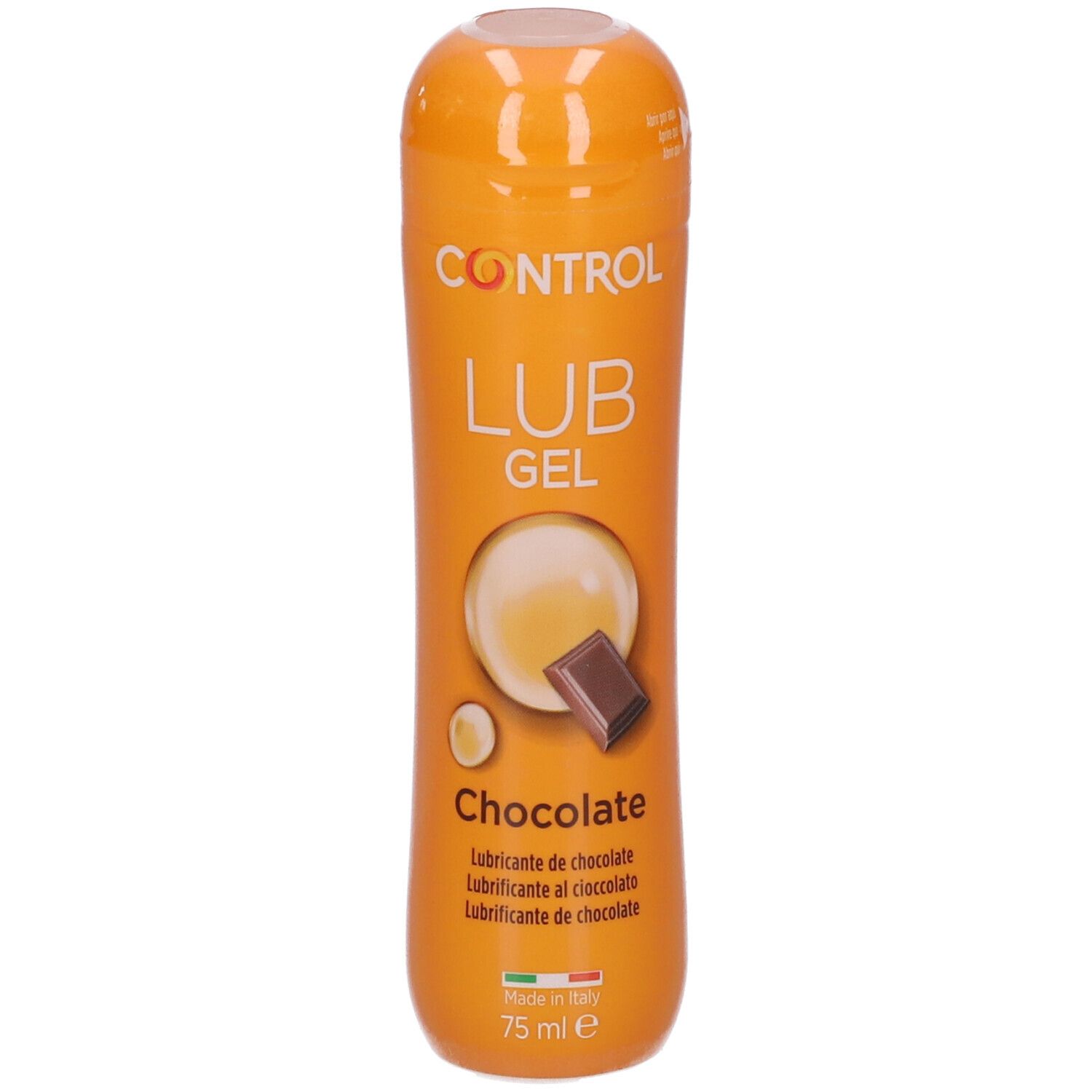 Lubrificante in gel in flacone arancione. Scritta: Control Lub Gel Chocolate. Illustrazioni di cioccolato e liquido. 75 ml.