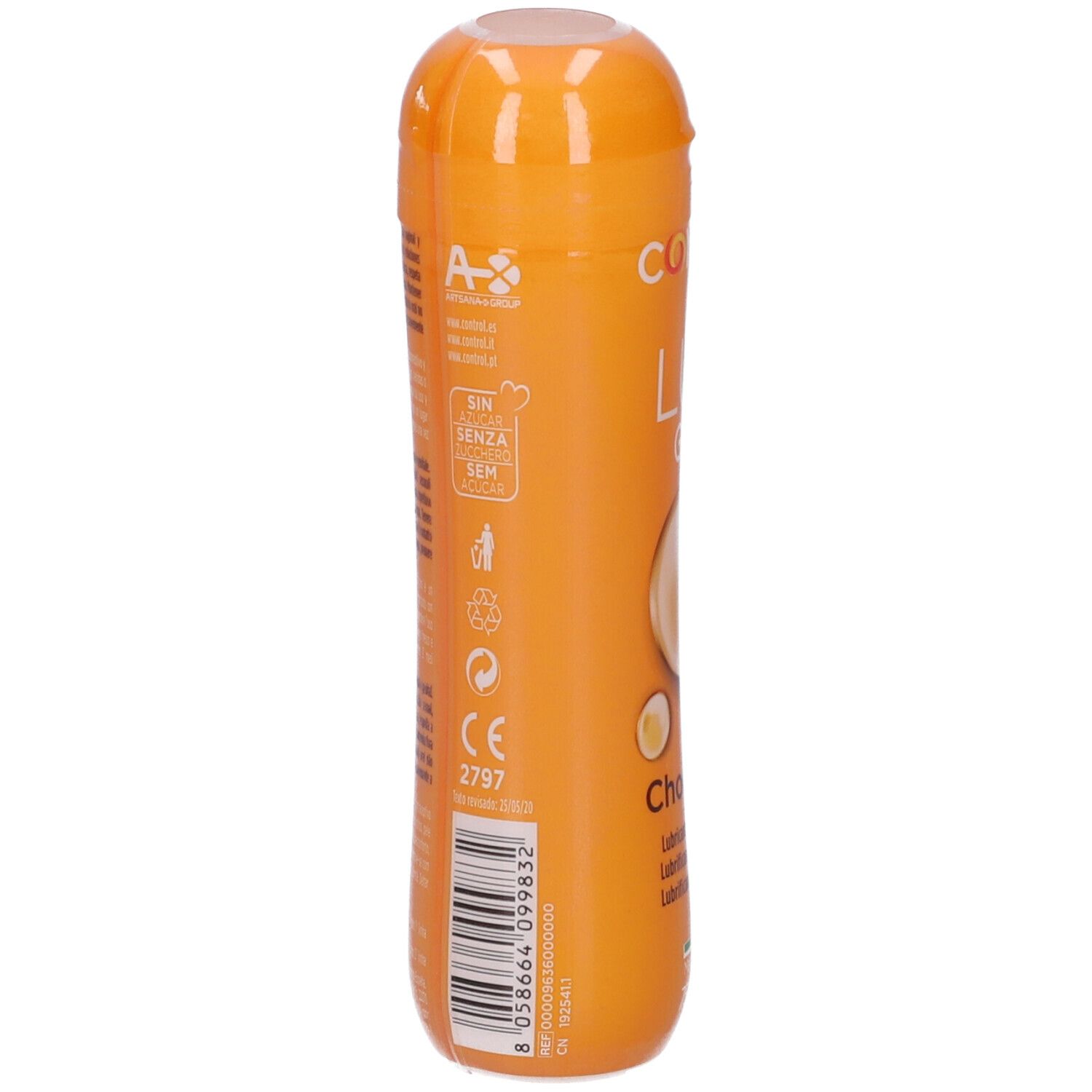 Retro di un flacone di lubrificante arancione. Testo e simboli, tra cui marchio CE e logo di riciclaggio. 75 ml.
