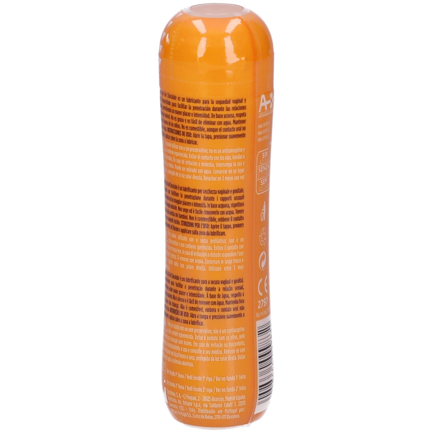 Retro di un flacone di lubrificante arancione. Testo, simboli e marchio CE. 75 ml.