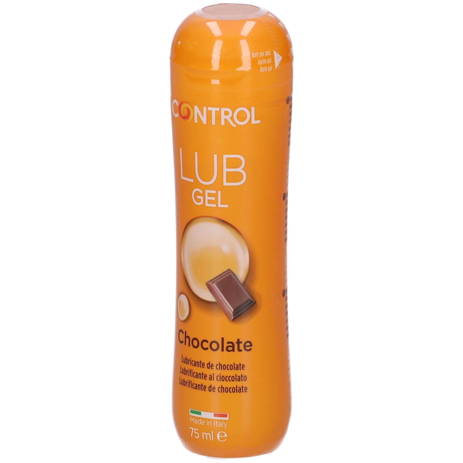 Lubrificante in gel in flacone arancione. Scritta: Control Lub Gel Chocolate. Illustrazioni di cioccolato e liquido. 75 ml.
