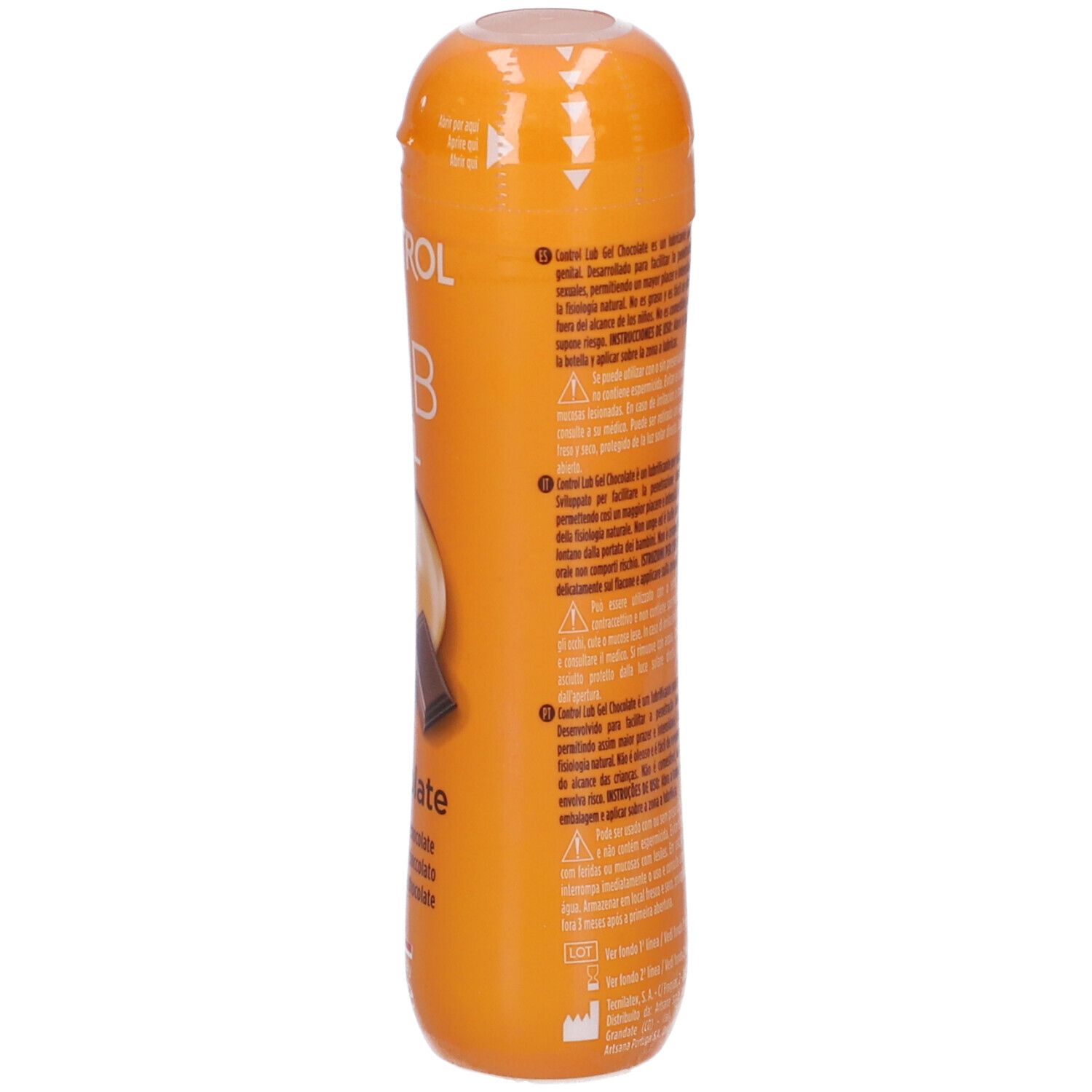 Retro di un flacone di lubrificante arancione. Testo, avvertenze e simboli. 75 ml.