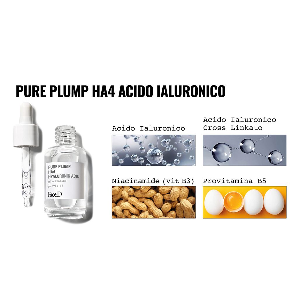 Immagine del prodotto con ingredienti. Flacone con siero, contagocce. Scritto: Pure Plump HA4 Acido Ialuronico, Face D.