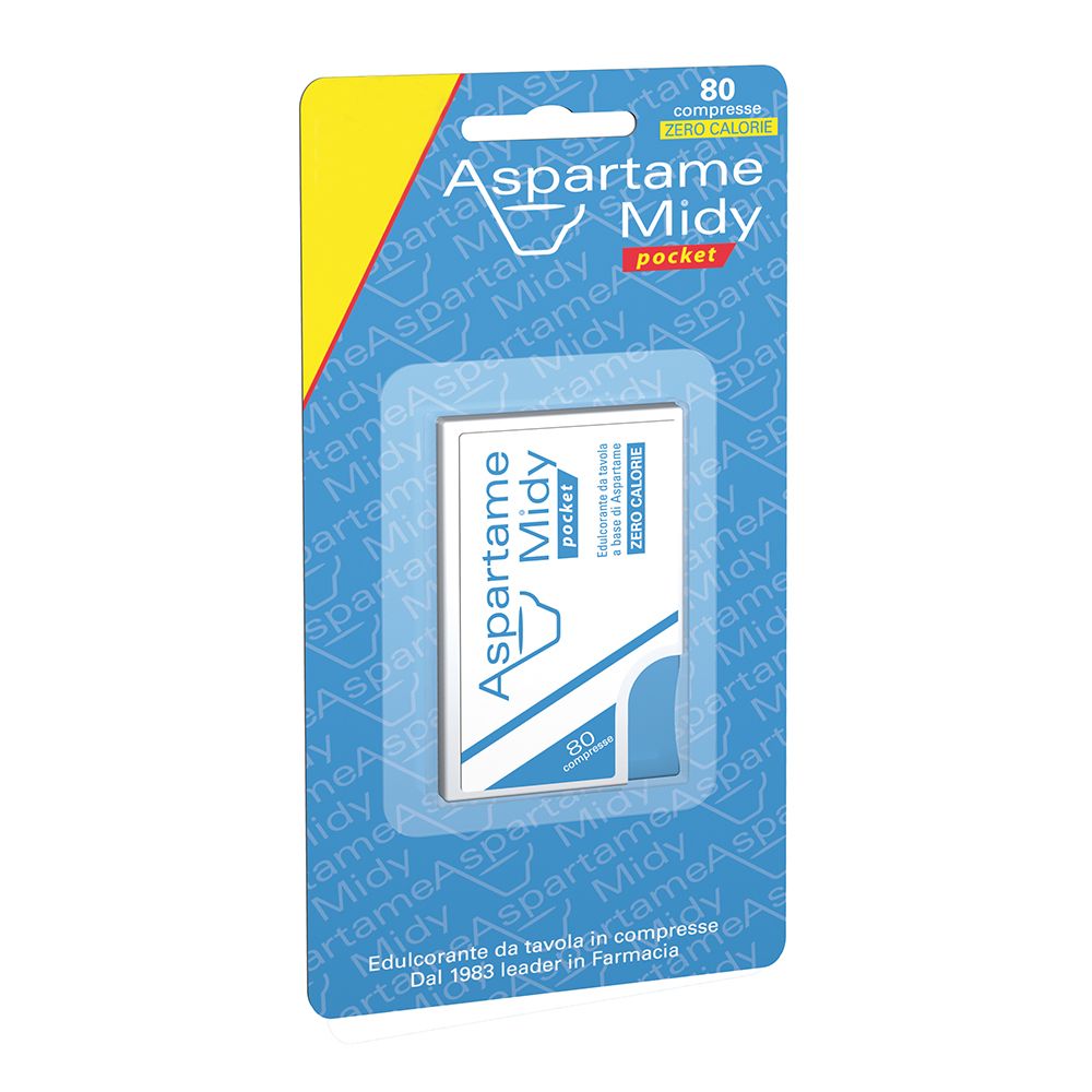 Confezione di Aspartame Midy Pocket. Blister da 80 compresse. Scritta blu e bianca su sfondo bianco.
