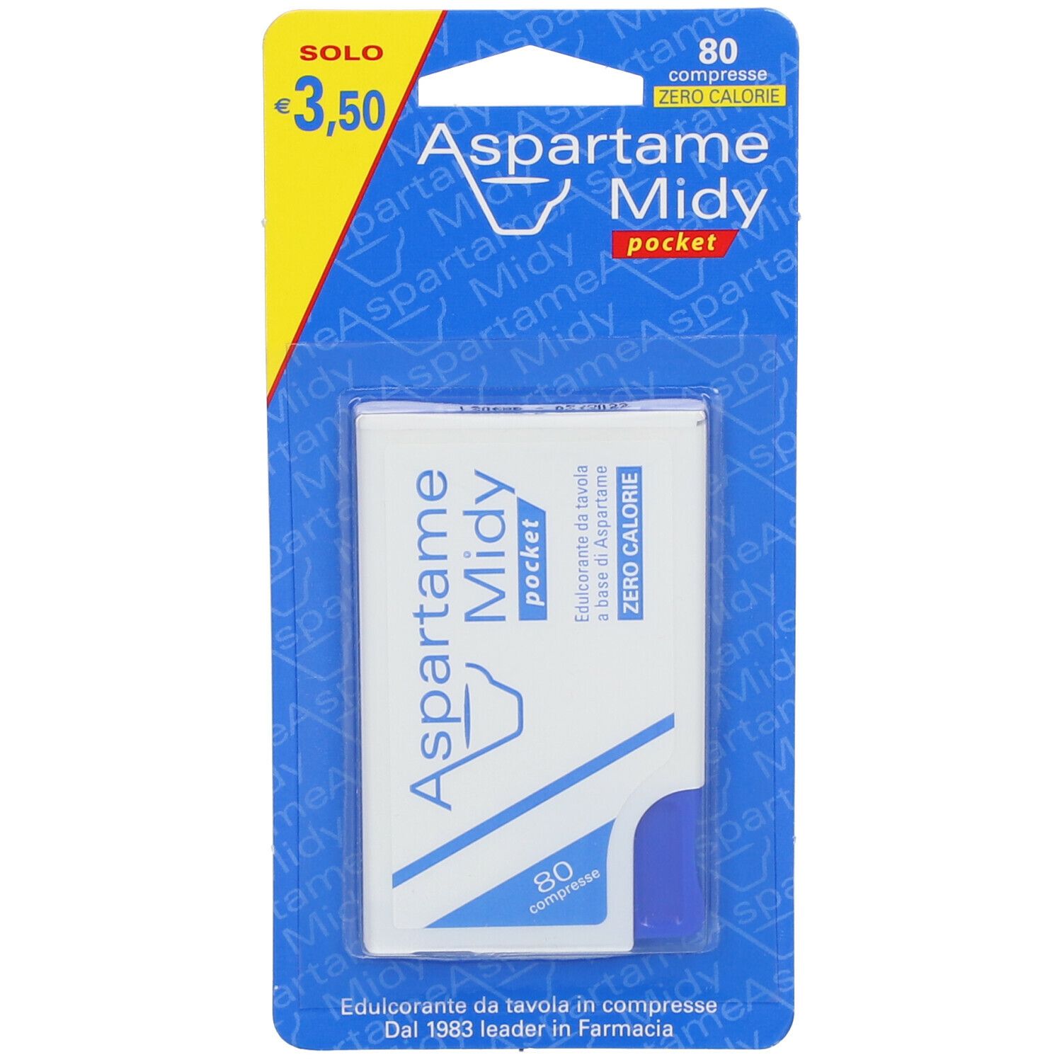 Confezione di Aspartame Midy Pocket. Blister da 80 compresse. Prezzo di 3,50 euro. Scritta blu e bianca.