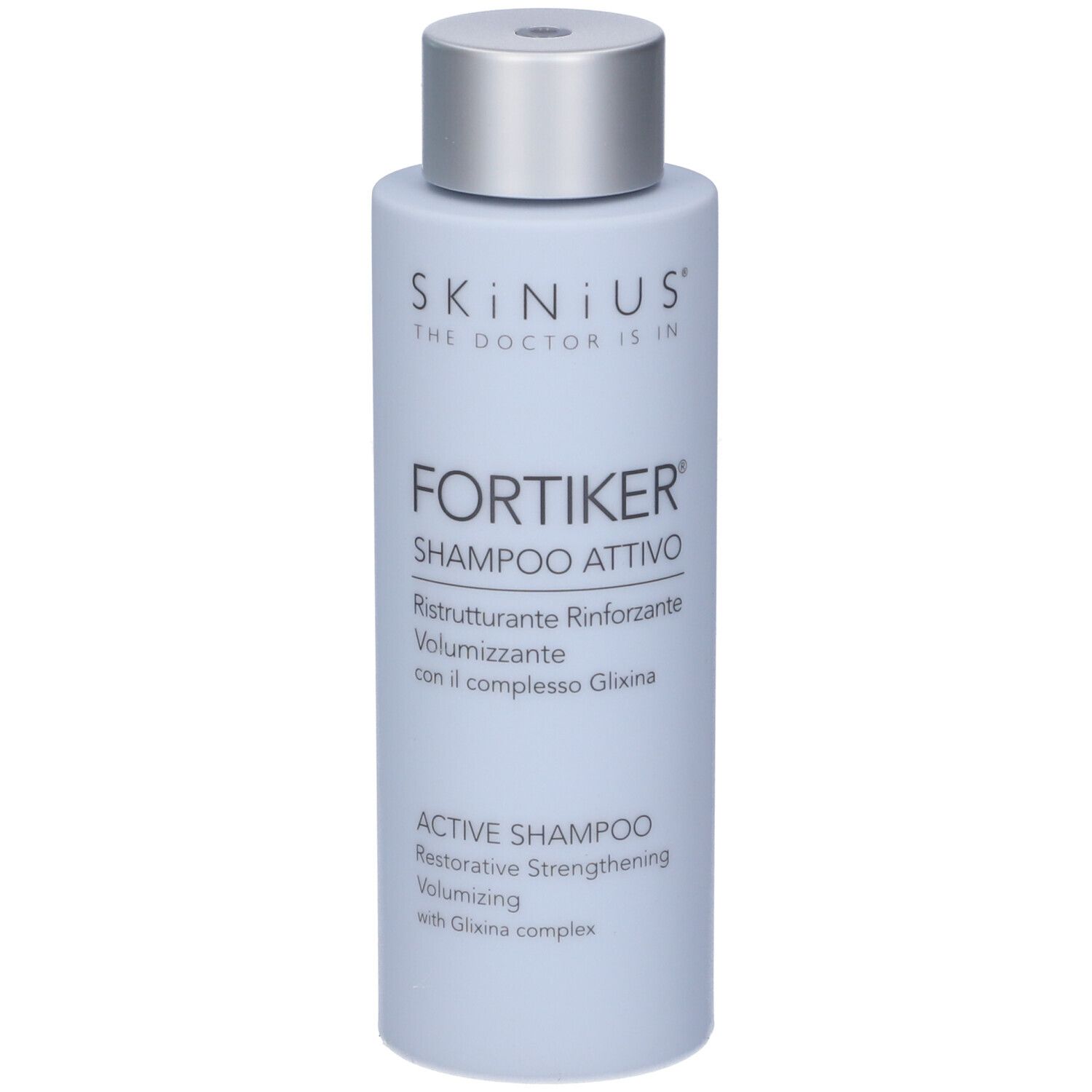 Flacone di shampoo blu chiaro. Scritta: Fortiker Shampoo Attivo. Marchio: Skinius. Con complesso Gliksina.