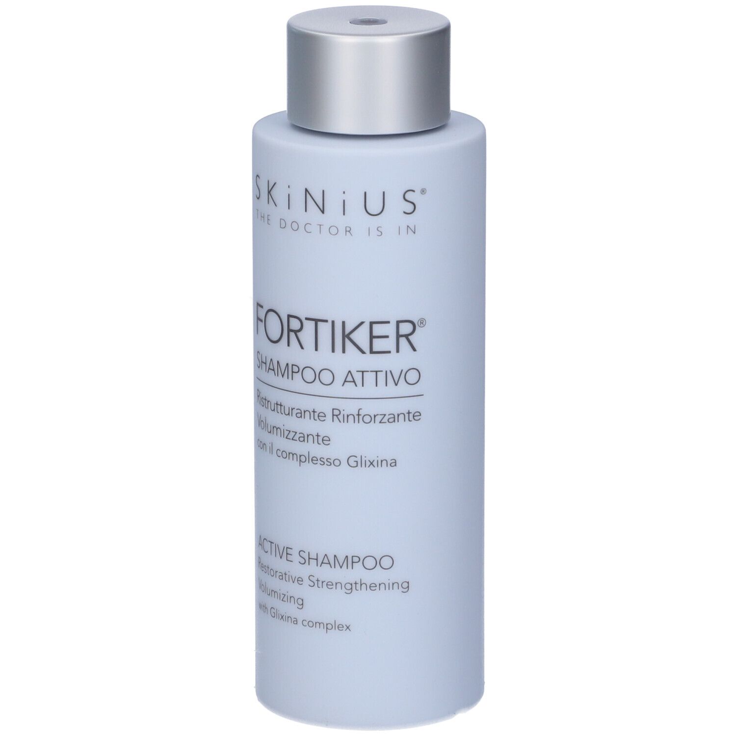 Flacone di shampoo blu chiaro. Scritta: Fortiker Shampoo Attivo. Marchio: Skinius. Con complesso Gliksina.
