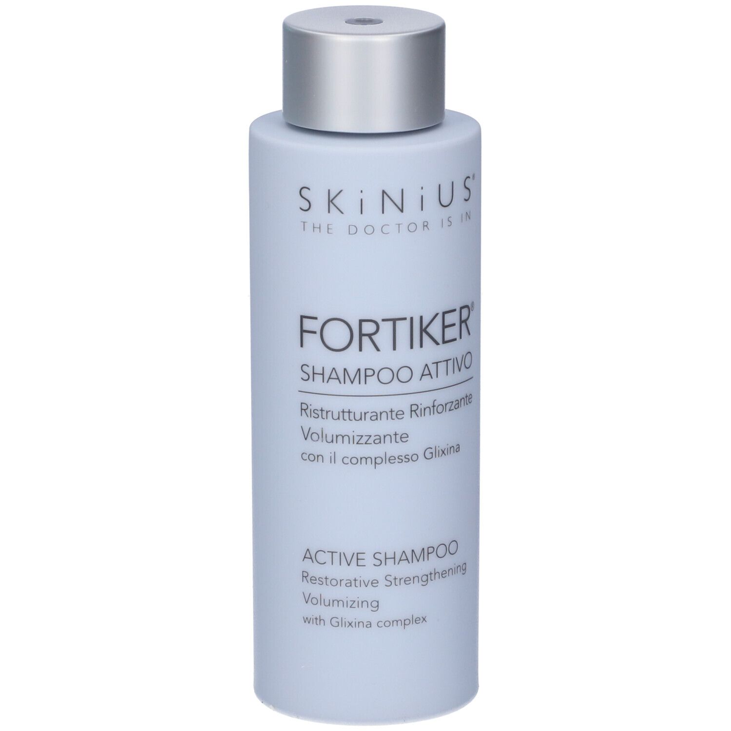 Flacone di shampoo blu chiaro. Scritta: Fortiker Shampoo Attivo. Marchio: Skinius. Con complesso Gliksina.