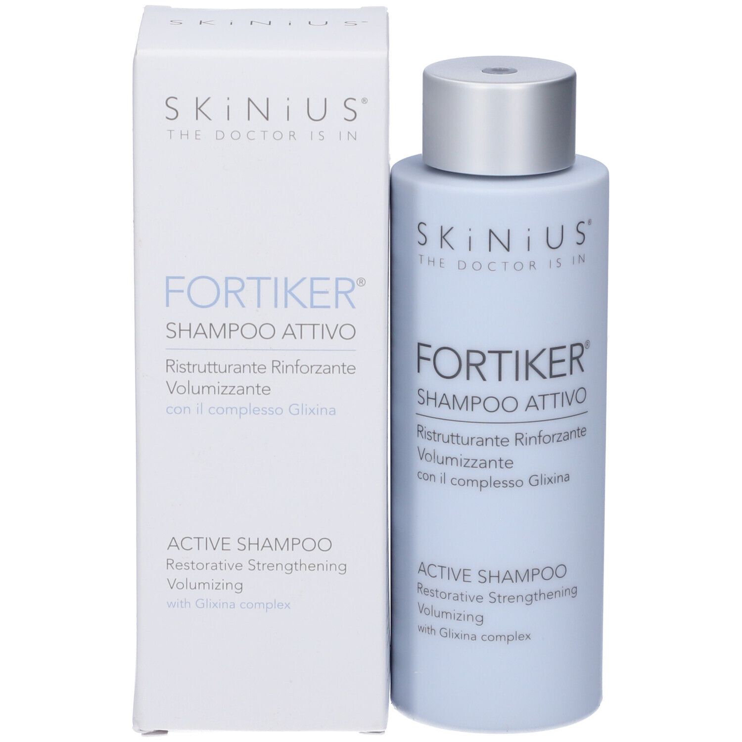 Flacone di shampoo blu chiaro e scatola. Scritta: Fortiker Shampoo Attivo. Marchio: Skinius. Con complesso Gliksina.
