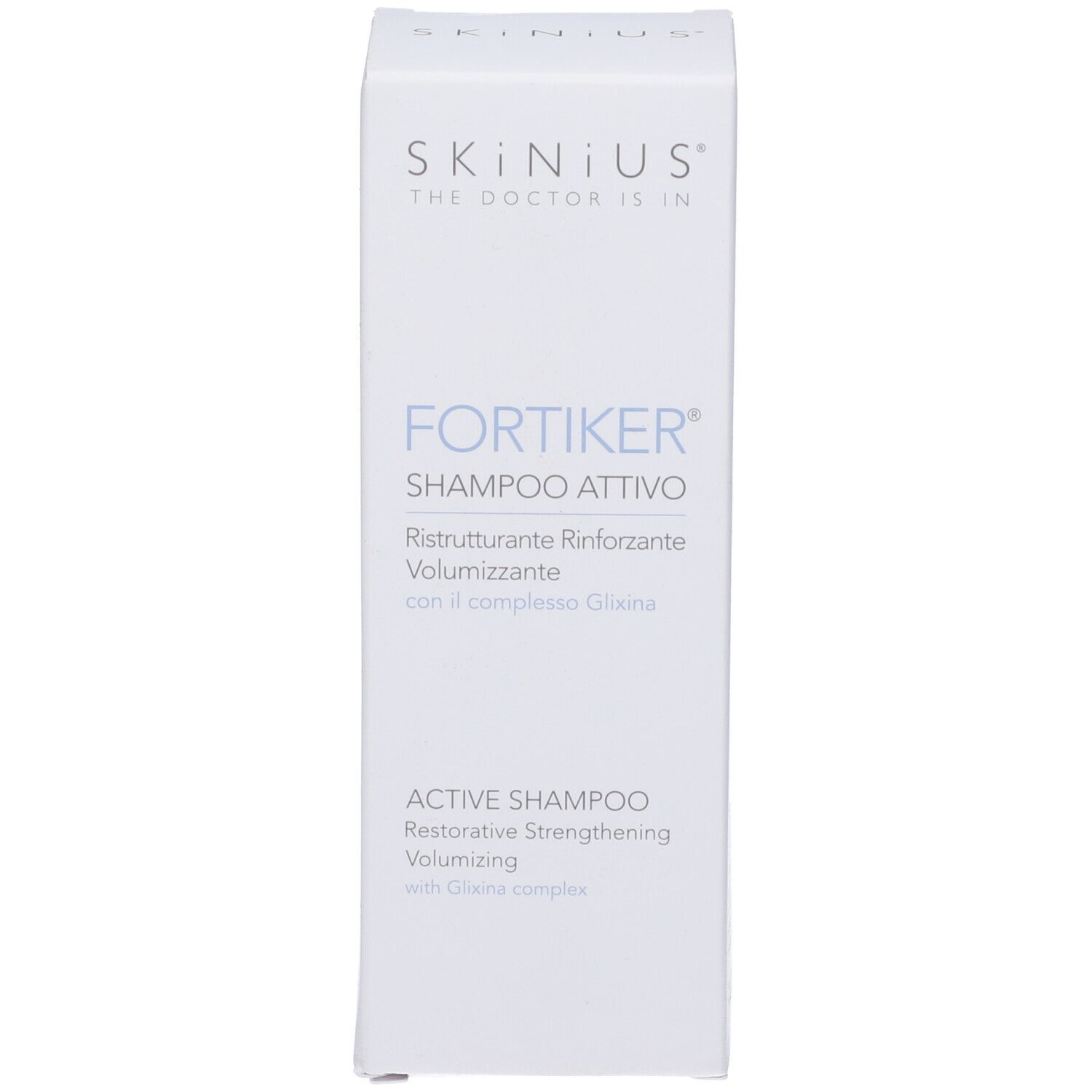 Scatola bianca. Scritta: Fortiker Shampoo Attivo. Marchio: Skinius. Con complesso Gliksina.