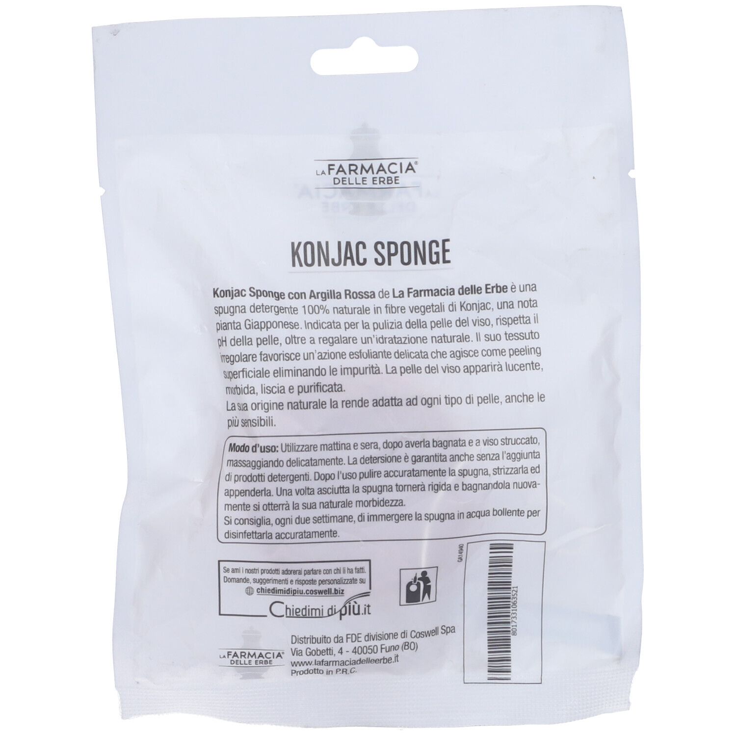 Retro della confezione. Testo: Konjac Sponge, La Farmacia delle Erbe. Informazioni sul prodotto.