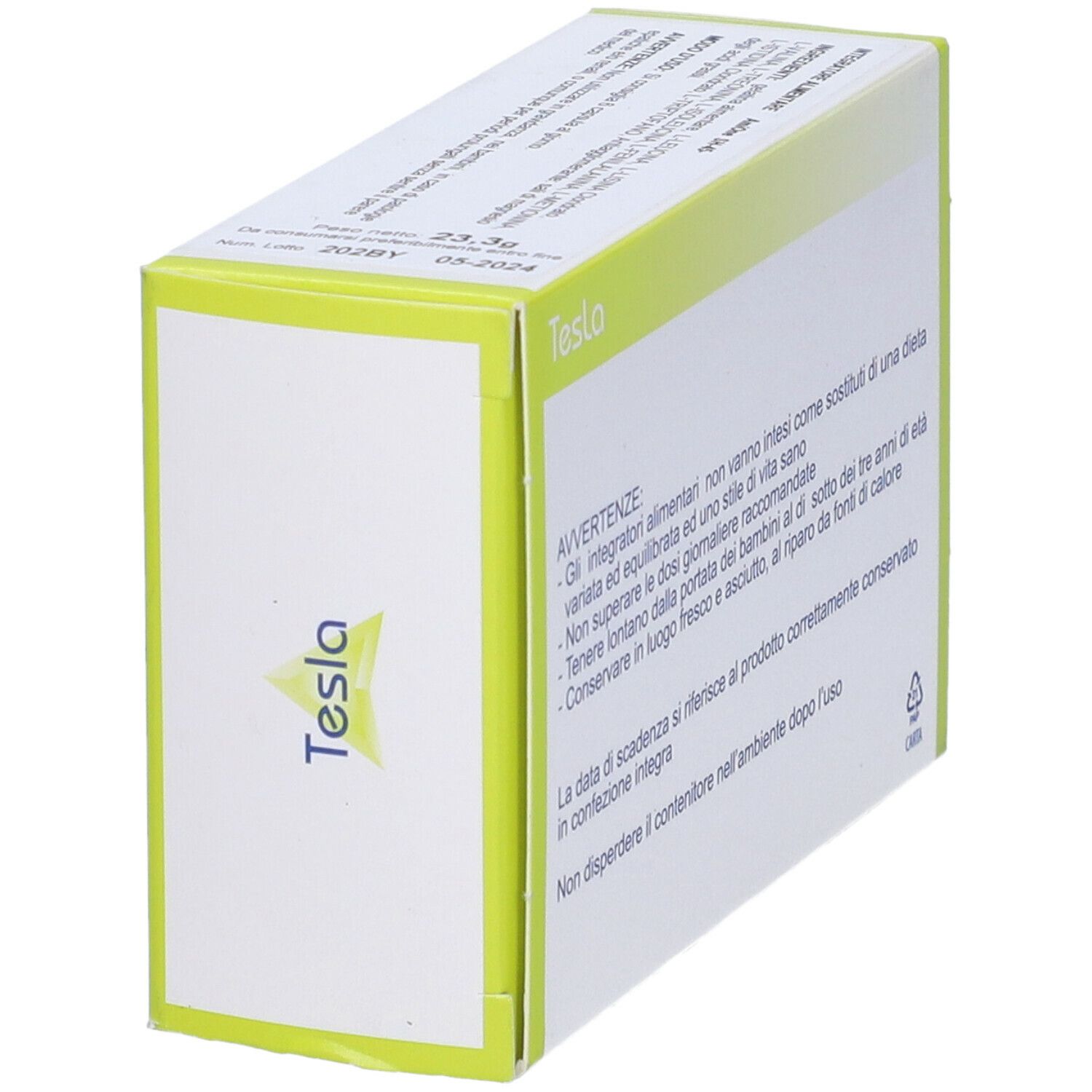 Vista angolata della scatola di capsule 'AmiOne SH-45'. Marchio Tesla. Contiene avvertenze.