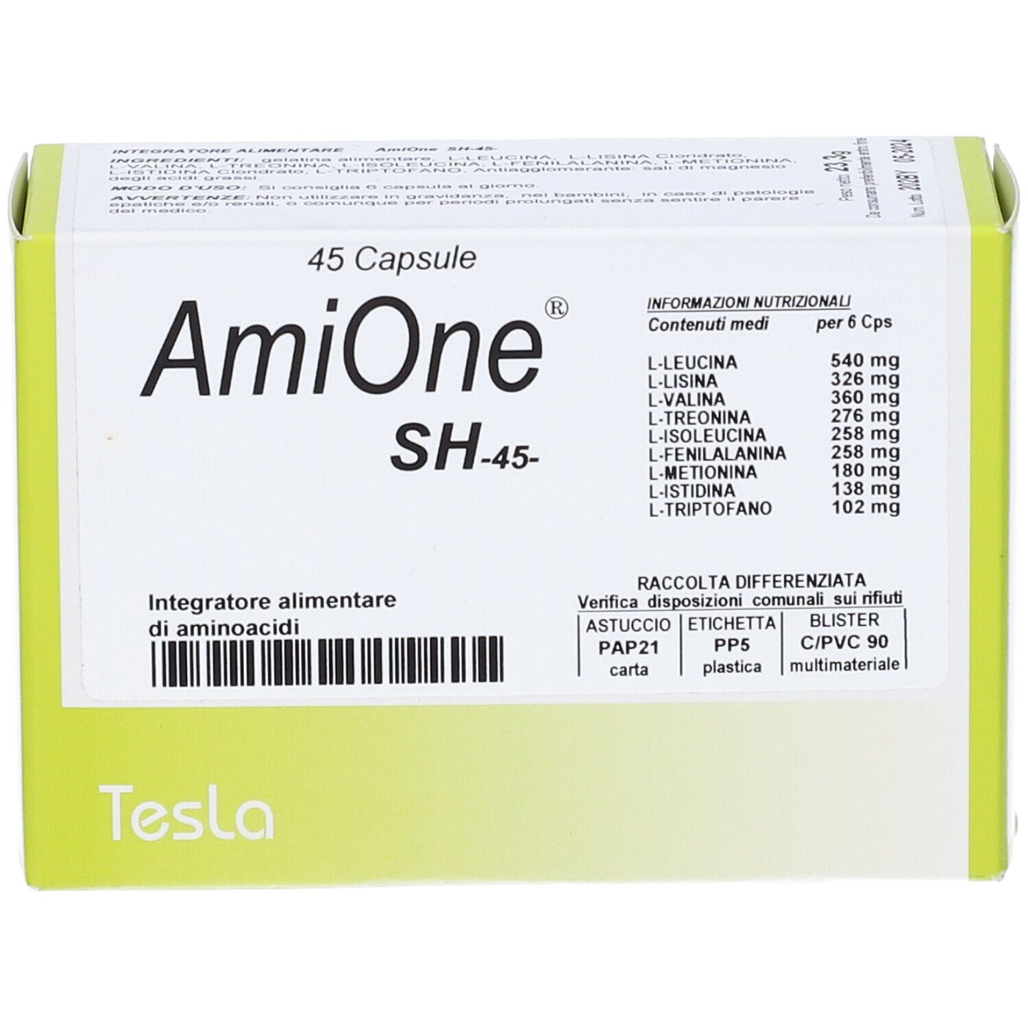Scatola di capsule 'AmiOne SH-45'. Contiene informazioni nutrizionali e ingredienti. Marca: Tesla.