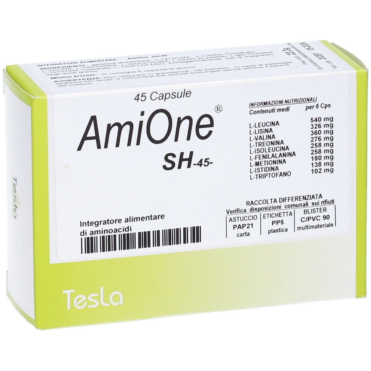 Scatola di capsule 'AmiOne SH-45'. Contiene informazioni nutrizionali e ingredienti. Marca: Tesla.