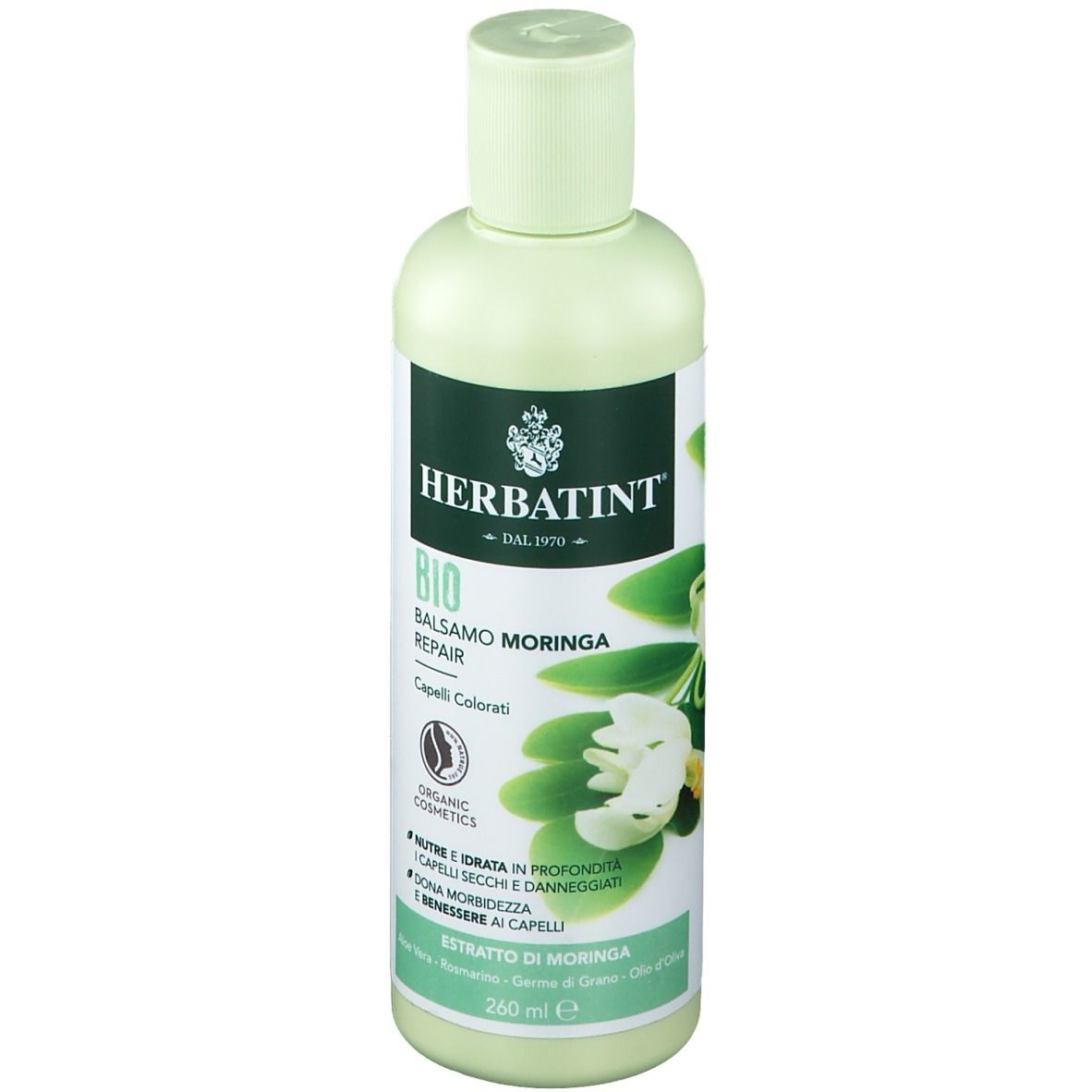 Flacone verde chiaro con logo HERBATINT ed etichetta Balsamo Moringa. Contiene 260 ml.
