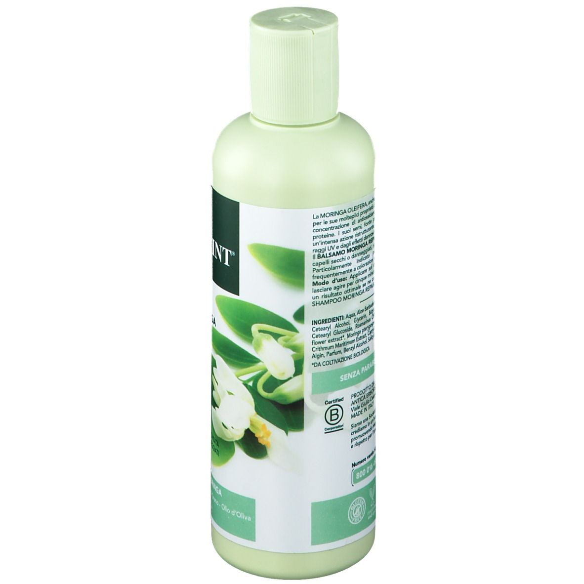 Retro del flacone verde chiaro con logo HERBATINT. Testo con ingredienti e certificazione.