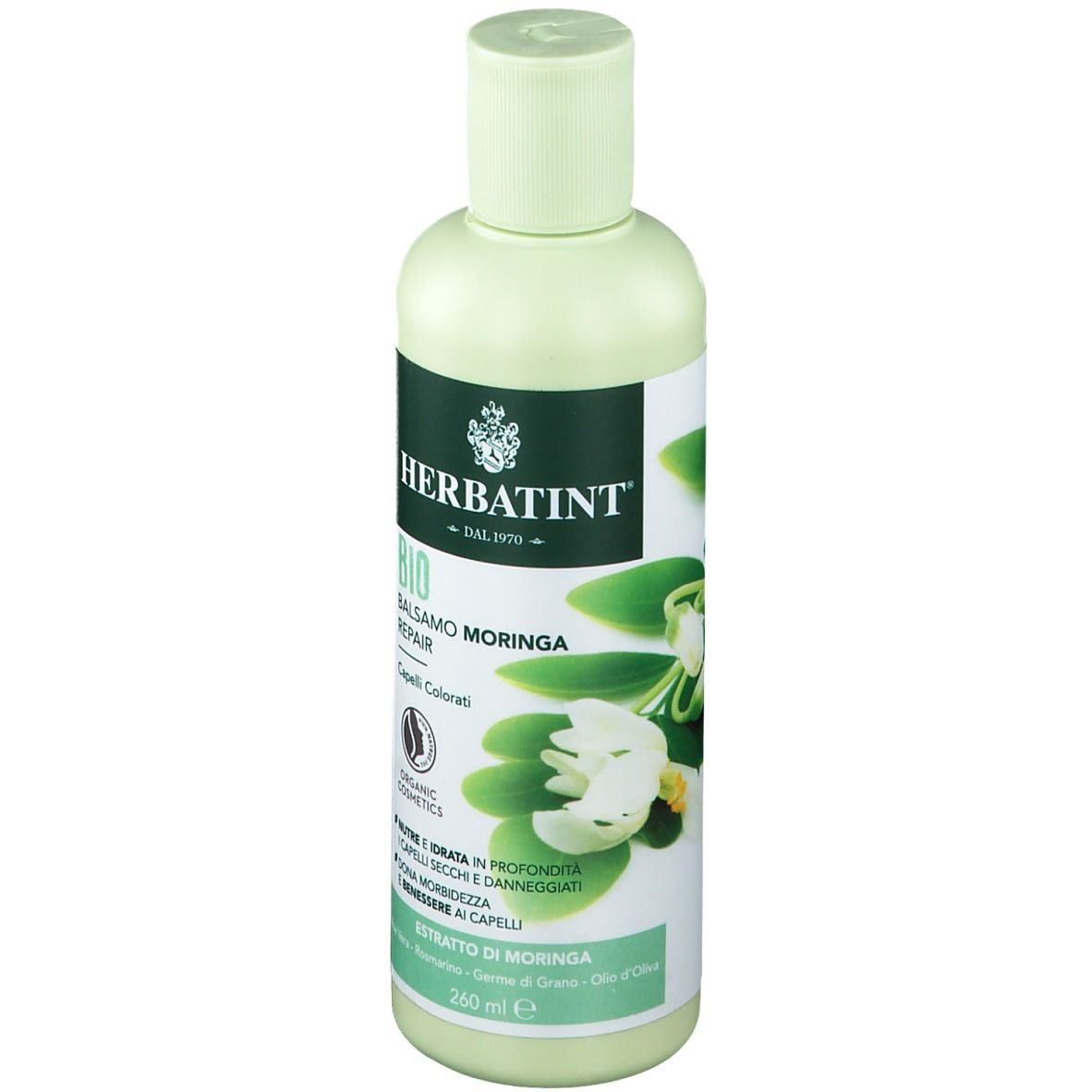 Flacone verde chiaro con logo HERBATINT ed etichetta Balsamo Moringa. Contiene 260 ml.