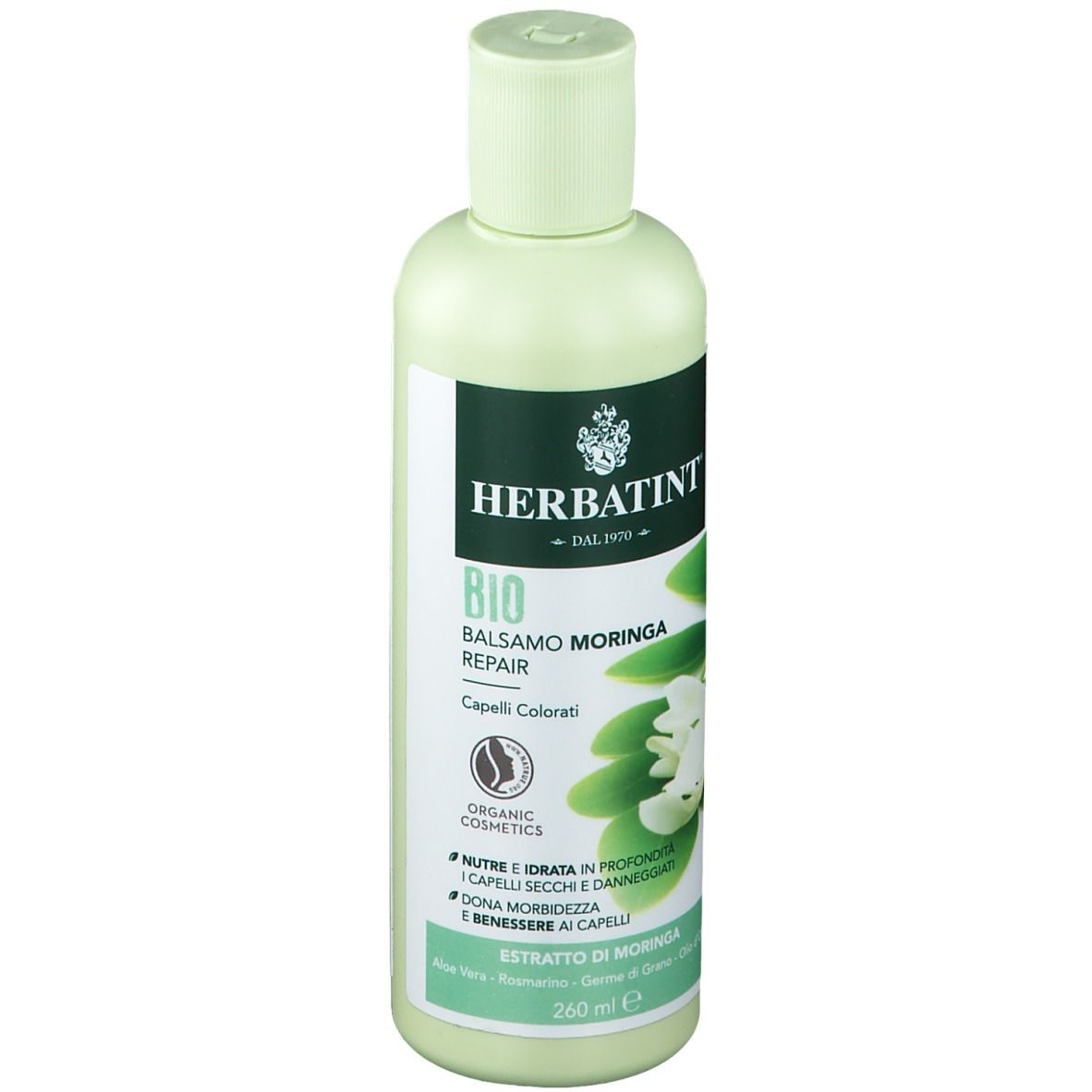Flacone verde chiaro con logo HERBATINT ed etichetta Balsamo Moringa. Contiene 260 ml.
