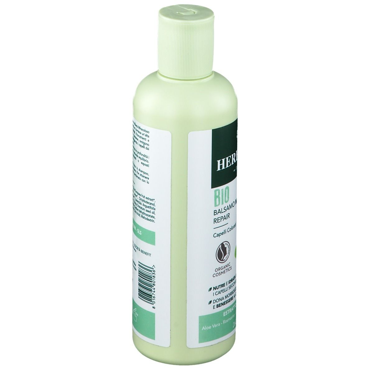 Retro del flacone verde chiaro con logo HERBATINT. Testo con ingredienti e certificazione.