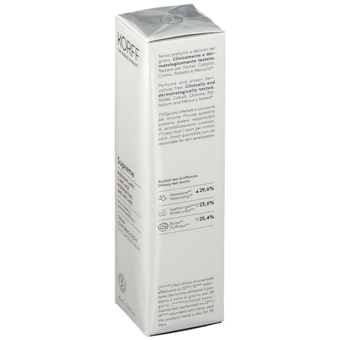 Confezione crema contorno occhi KORFF Supreme. Bianco, testo, sigillo. Retro con testo. Vista angolata.