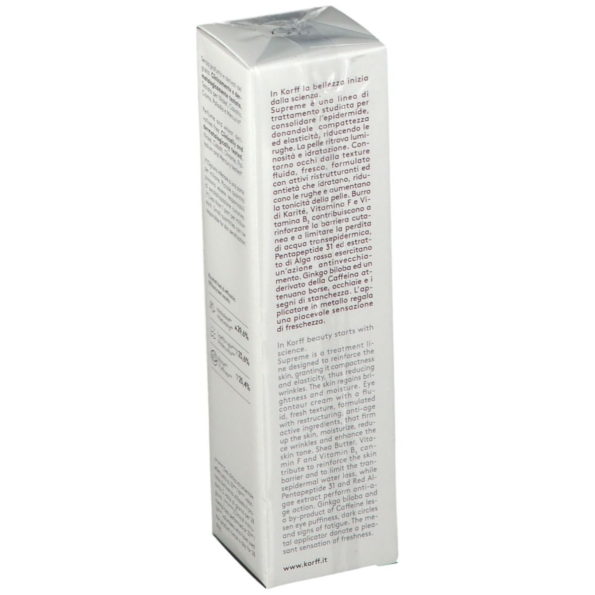 Confezione crema contorno occhi KORFF Supreme. Testo, sigillo, ingredienti, utilizzo. Vista angolata.