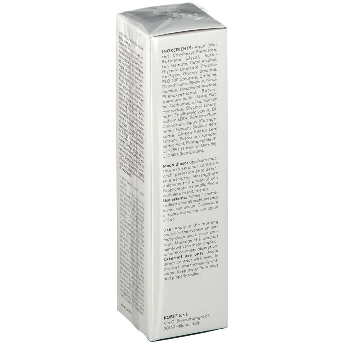 Confezione crema contorno occhi KORFF Supreme. Testo, ingredienti, utilizzo. Vista angolata.