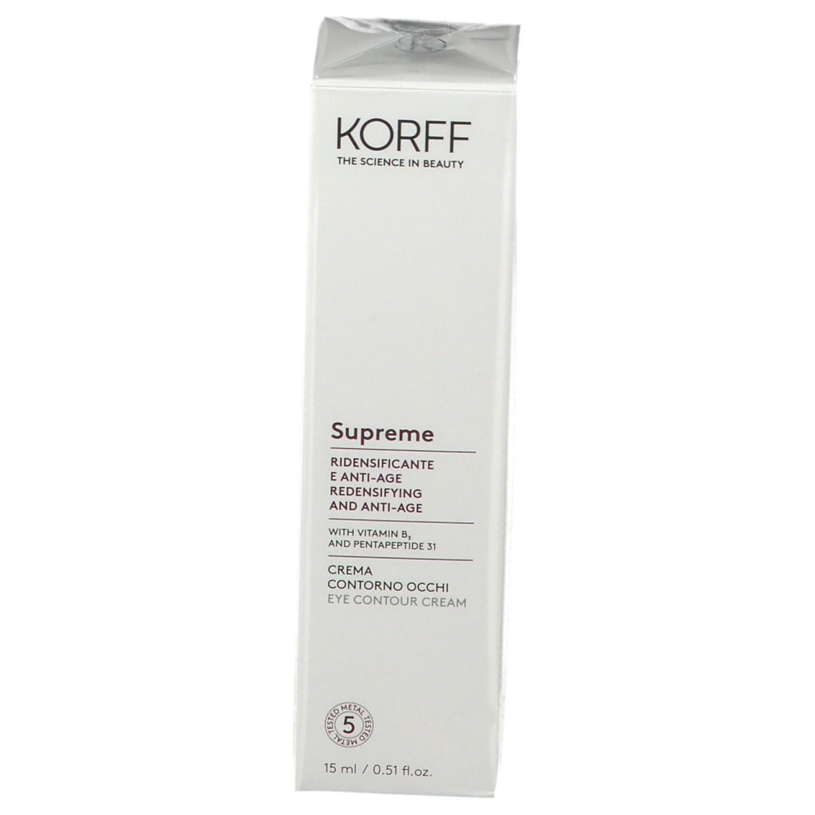 Confezione crema contorno occhi KORFF Supreme. Testo, sigillo. Vista angolata.