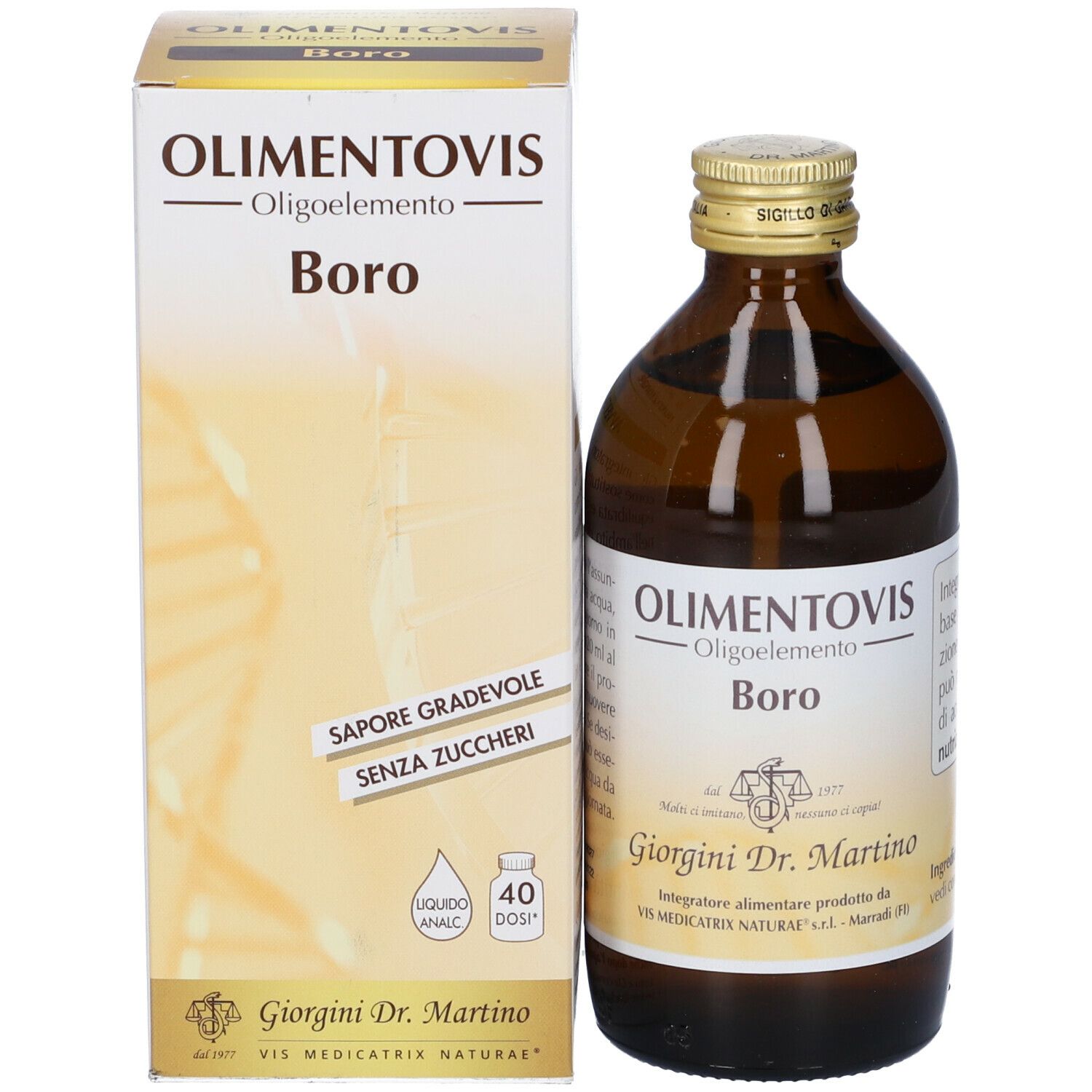 Bottiglia di vetro marrone e scatola. Scritto: Olimentovis, Boro. Con logo e informazioni produttore.