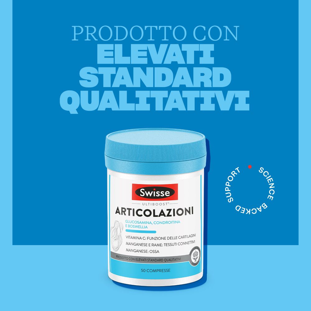 Sfondo blu con prodotto e testo. Prodotto: barattolo di compresse. Testo: Articolazioni, Swisse, Ultiboost.