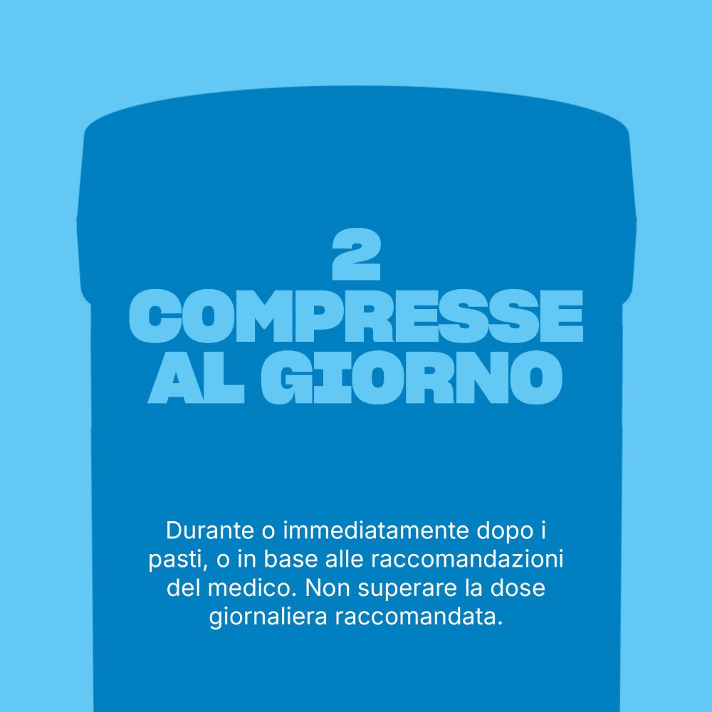 Sfondo blu con testo: 2 COMPRESSE AL GIORNO. Istruzioni in italiano.