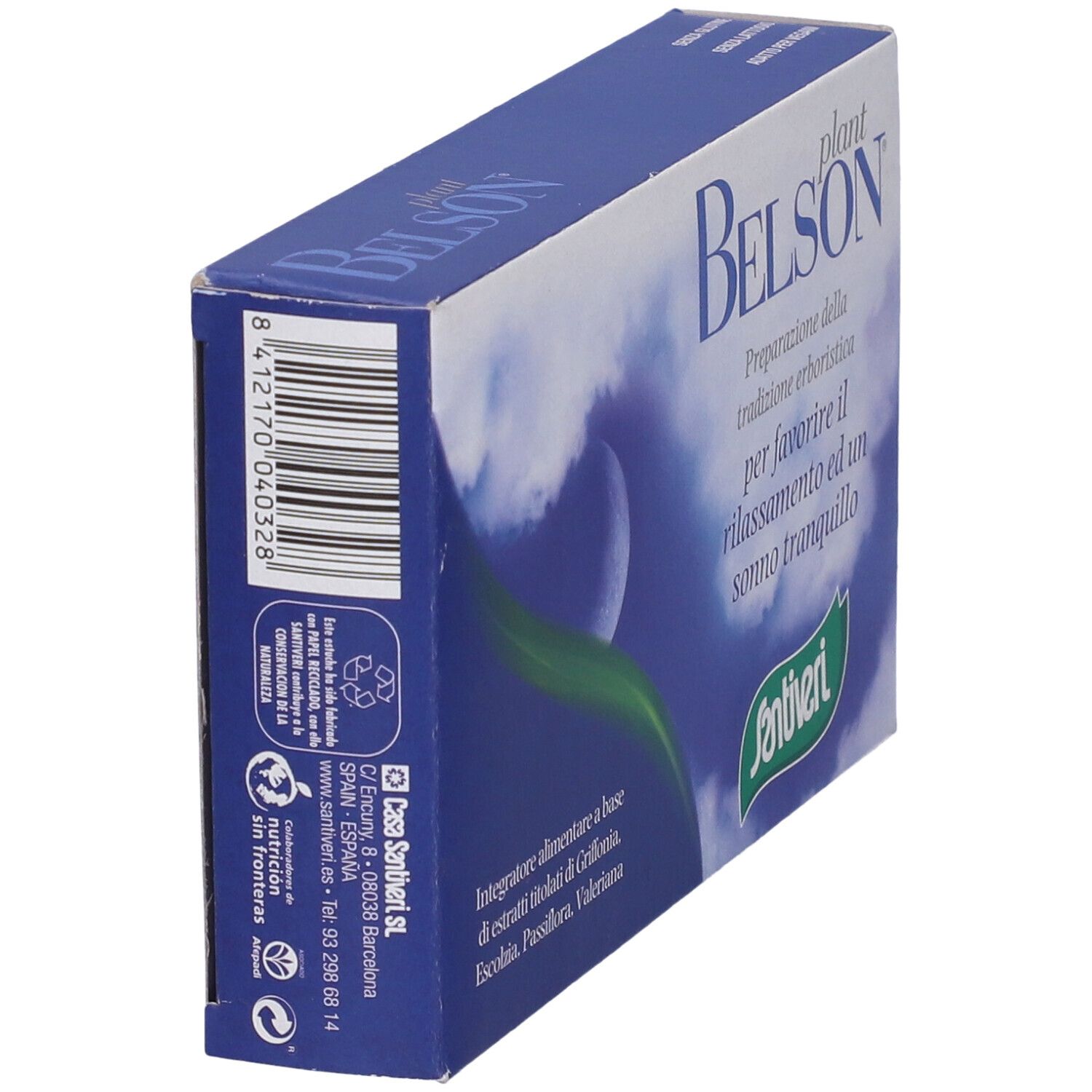 Scatola blu e bianca, 'Belson plant'. Codice a barre, simboli di riciclo, testo. Logo Santiveri.