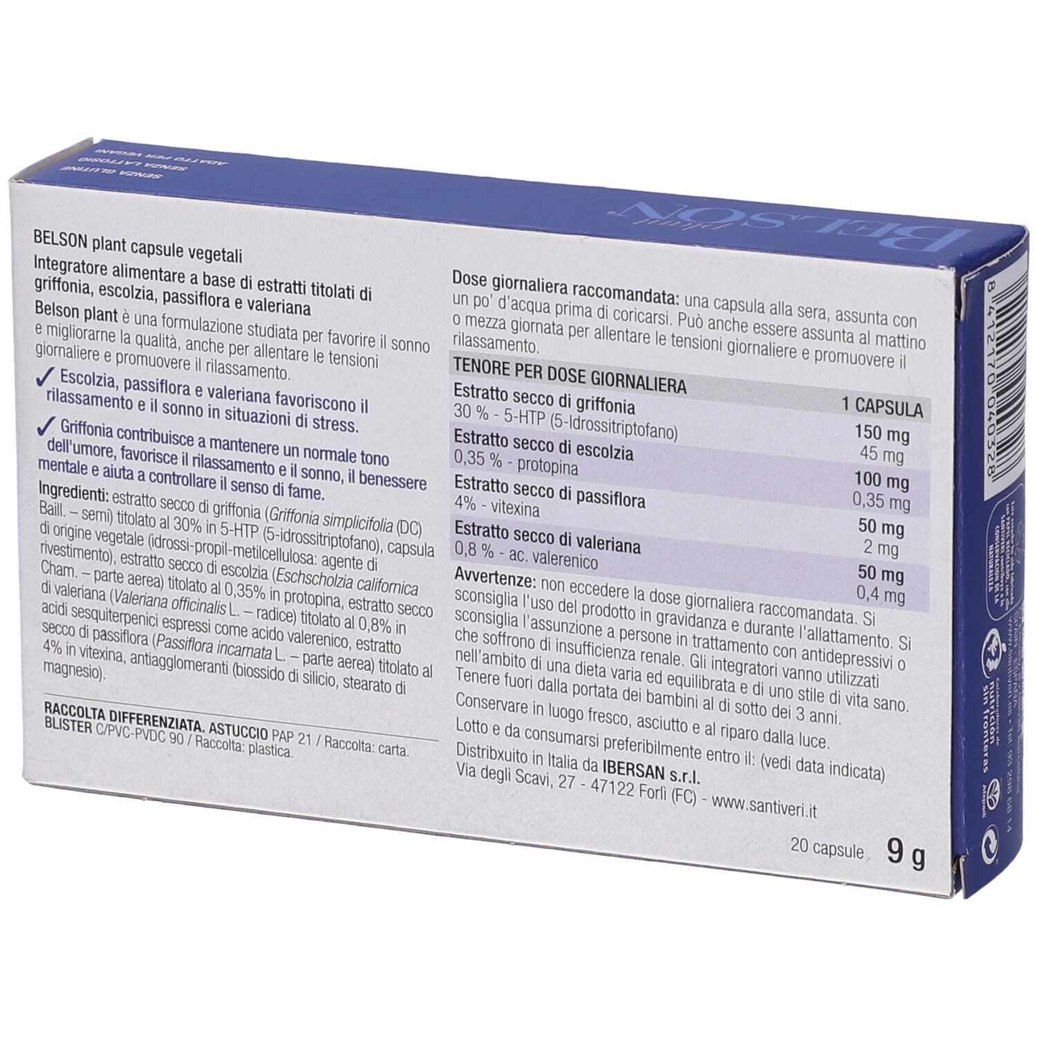 Retro della scatola 'Belson plant'. Testo con ingredienti e dosaggio. Logo Santiveri.