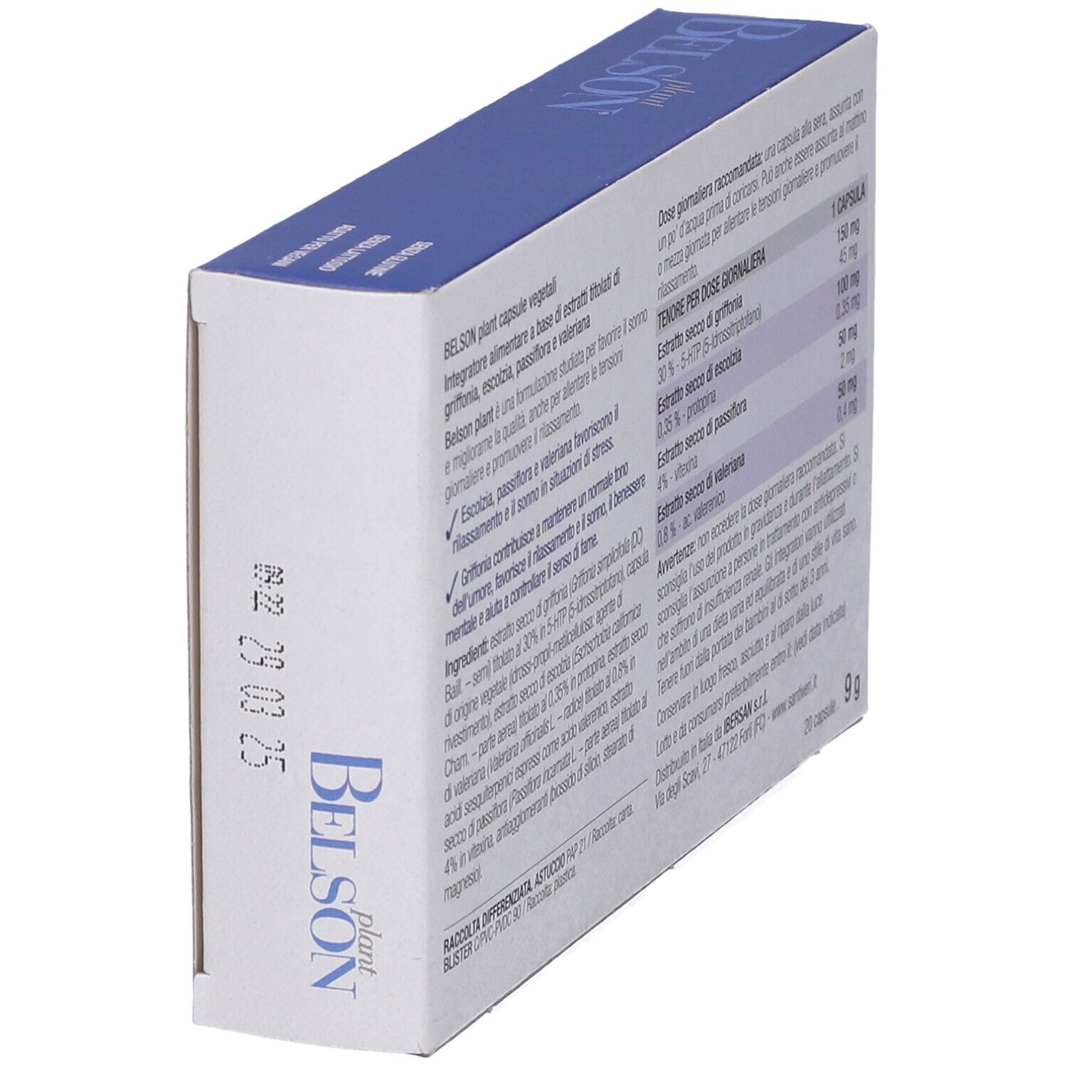 Scatola 'Belson plant' in prospettiva. Testo con ingredienti e dosaggio. Logo Santiveri.