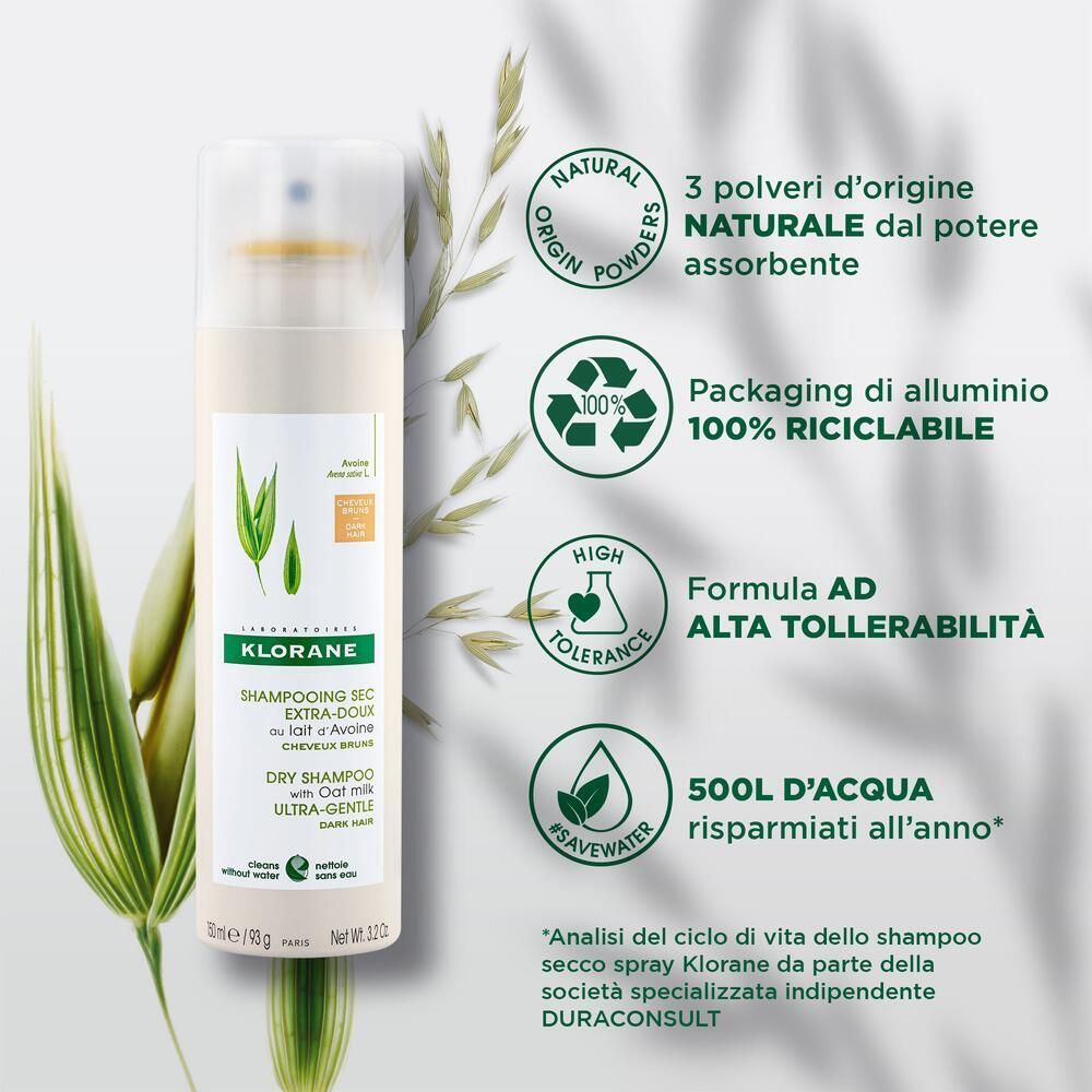 KLORANE Shampoo Secco Formula Delicata al Latte d'Avena Capelli Scuri