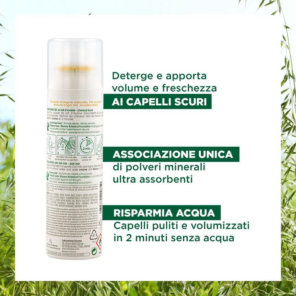 KLORANE Shampoo Secco Formula Delicata al Latte d'Avena Capelli Scuri