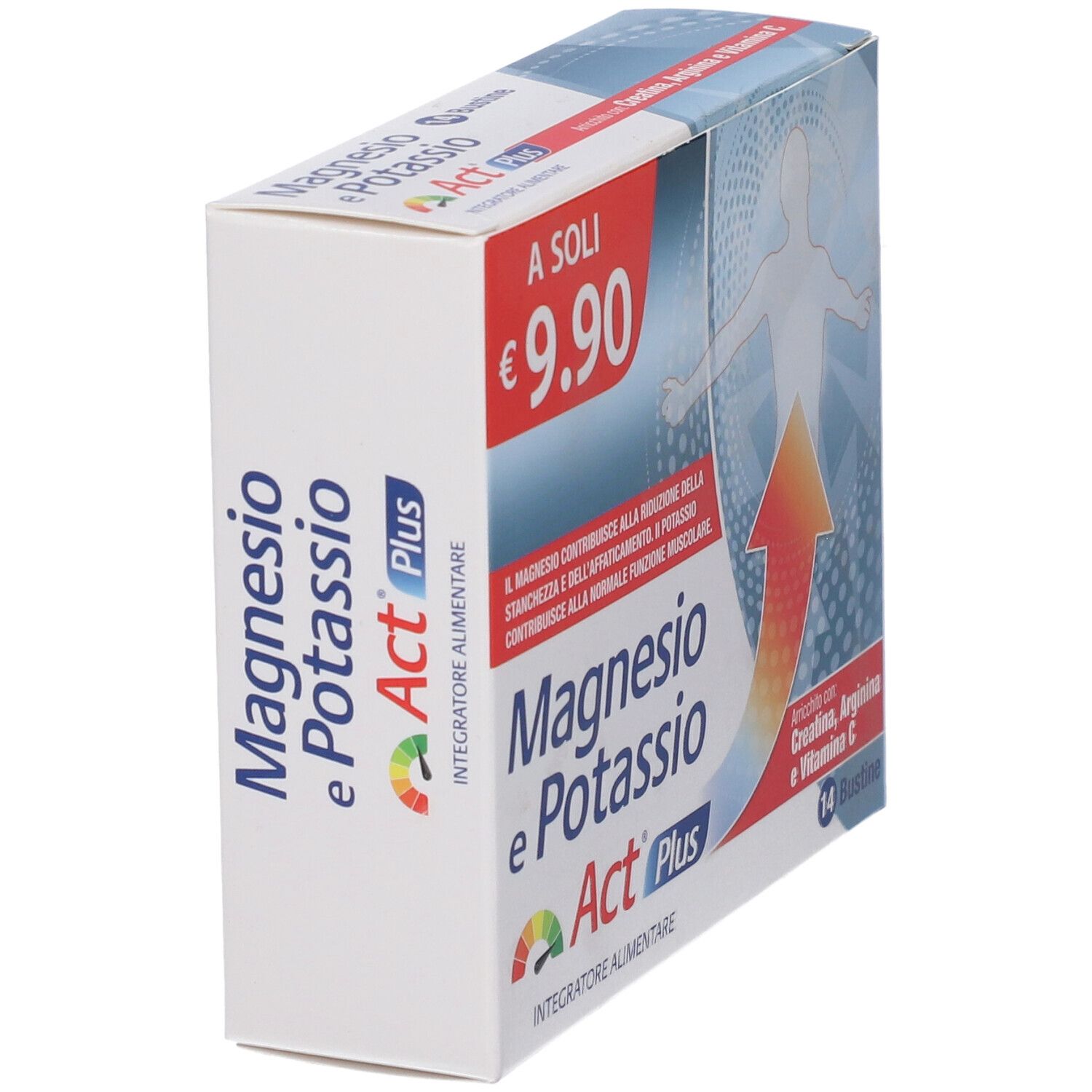 Scatola di Magnesio e Potassio Act Plus. Prezzo: 9,90 €. Contiene 14 bustine. Vista laterale.