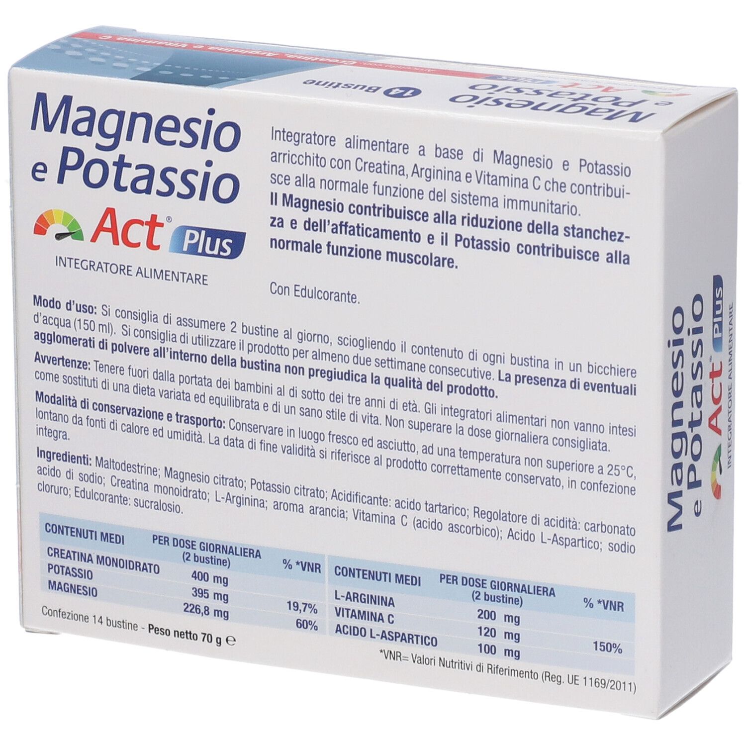 Scatola Magnesio e Potassio Act Plus. Retro con informazioni nutrizionali e ingredienti. Contiene 14 bustine.