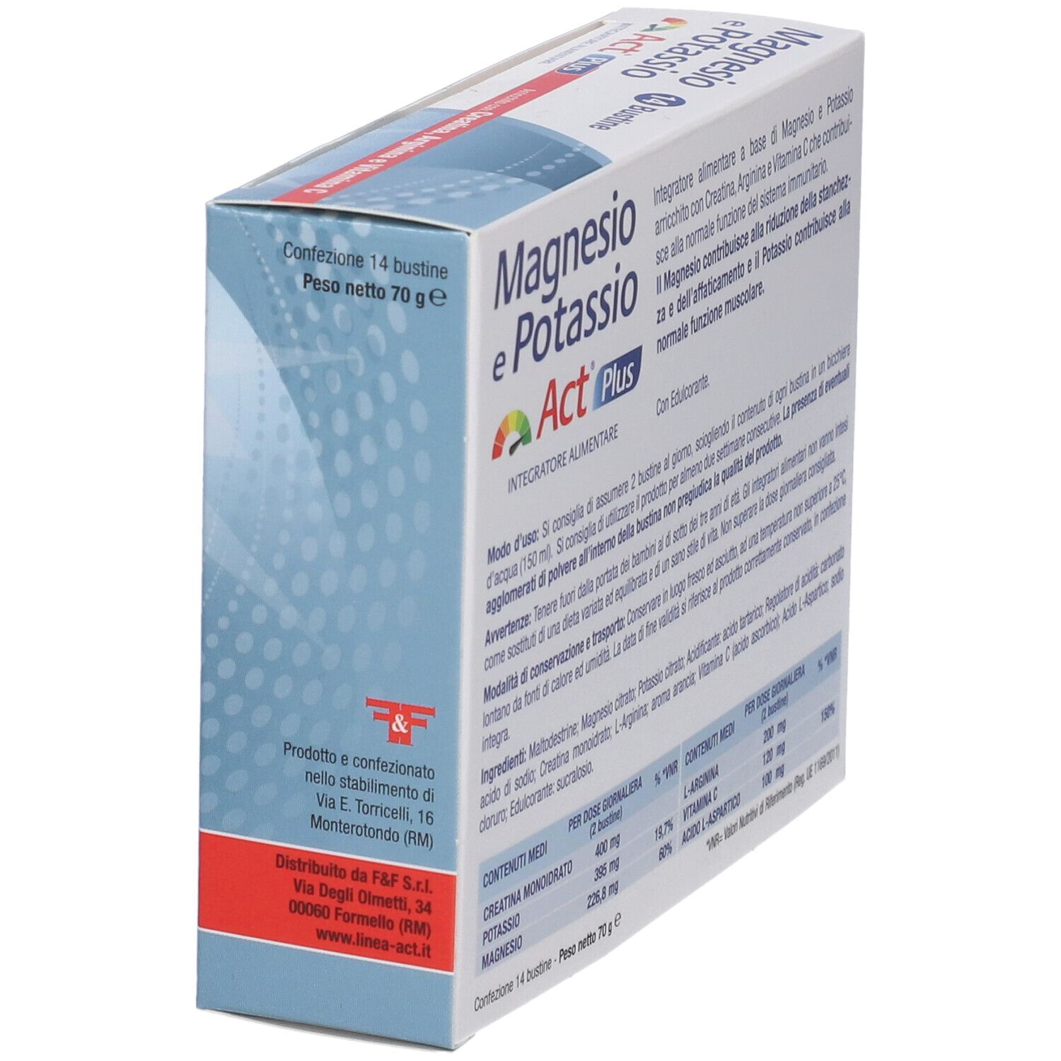 Scatola Magnesio e Potassio Act Plus. Retro con informazioni e produttore. Contiene 14 bustine.