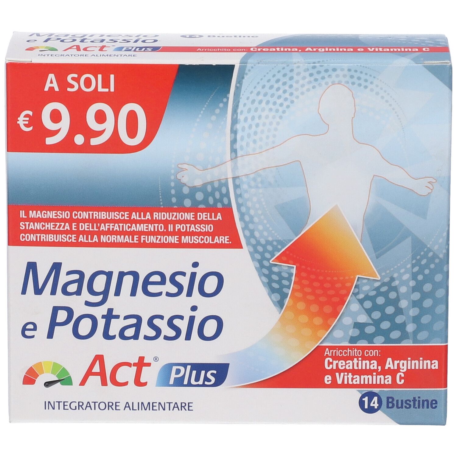 Scatola di Magnesio e Potassio Act Plus. Prezzo: 9,90 €. Contiene 14 bustine. Con Creatina, Arginina e Vitamina C.