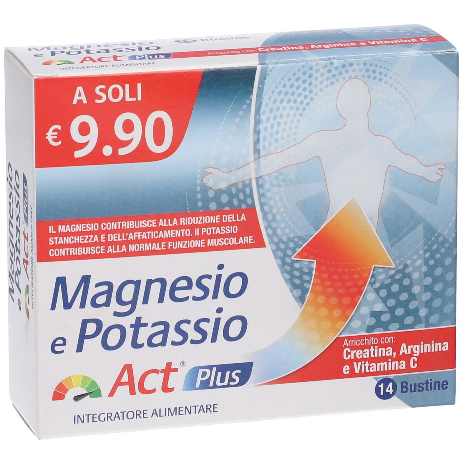 Scatola di Magnesio e Potassio Act Plus. Prezzo: 9,90 €. Contiene 14 bustine. Con Creatina, Arginina e Vitamina C.