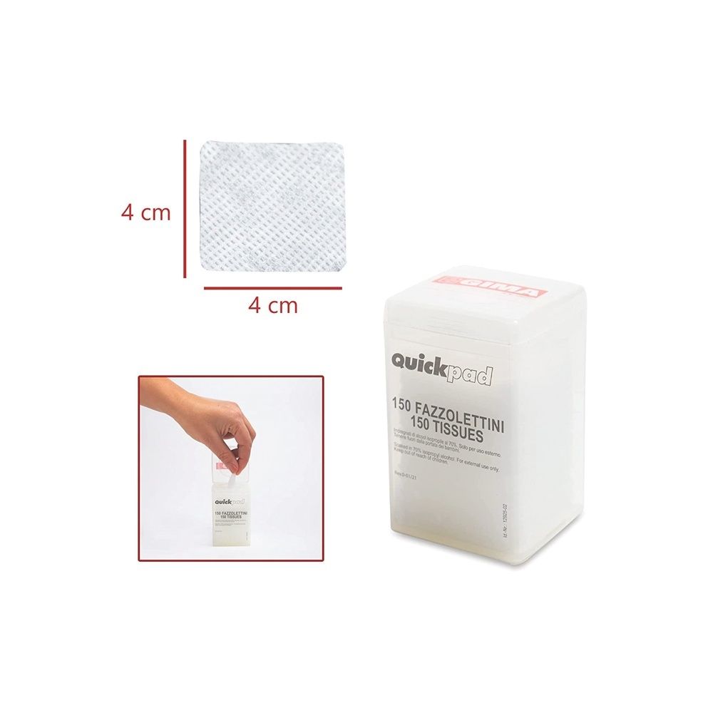 Dispenser bianco con un fazzoletto estratto (4x4 cm). Scritta: quickpad, 150 Fazzolettini, 150 Tissues.