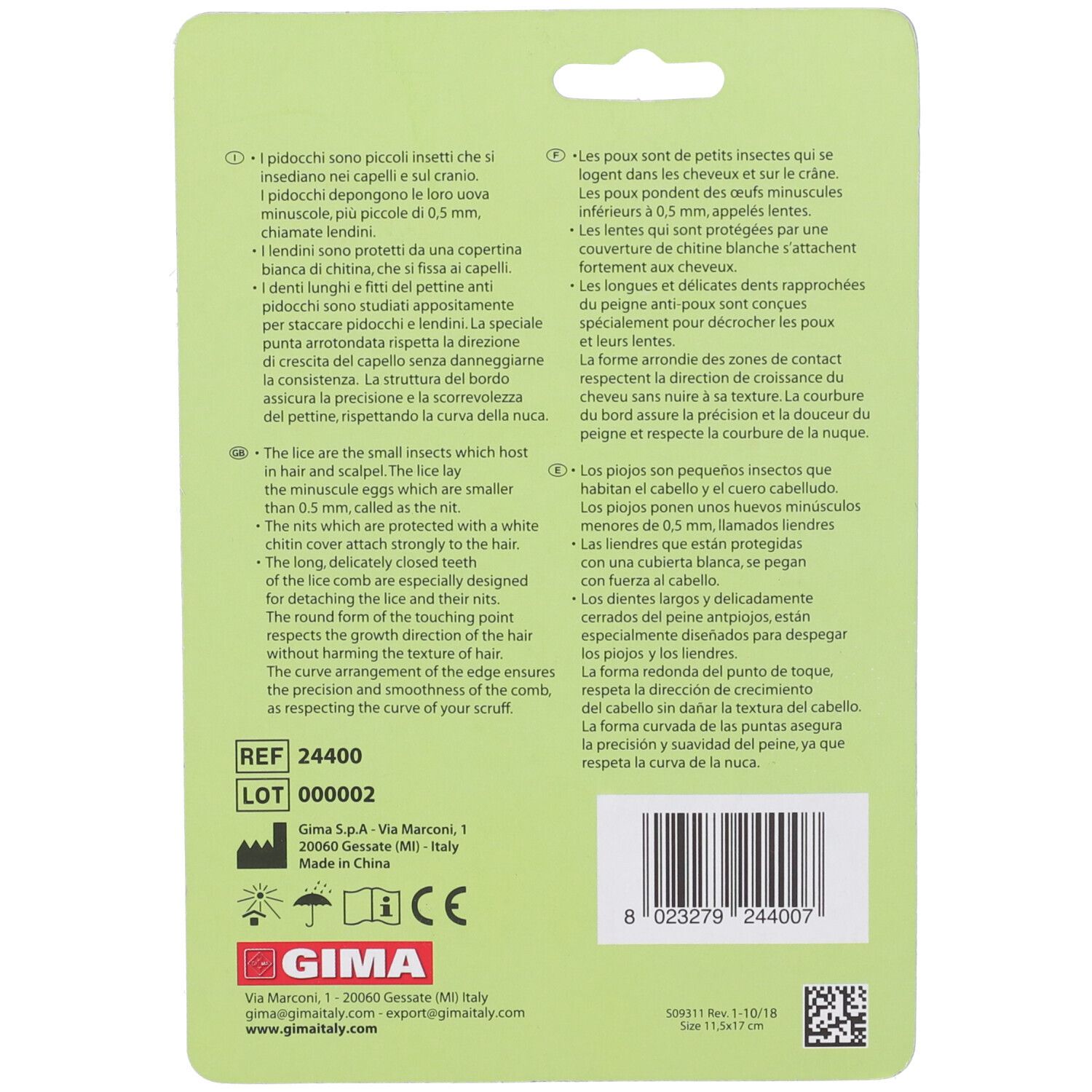 Retro della confezione con testo multilingue. Contiene informazioni sul prodotto e sul produttore.