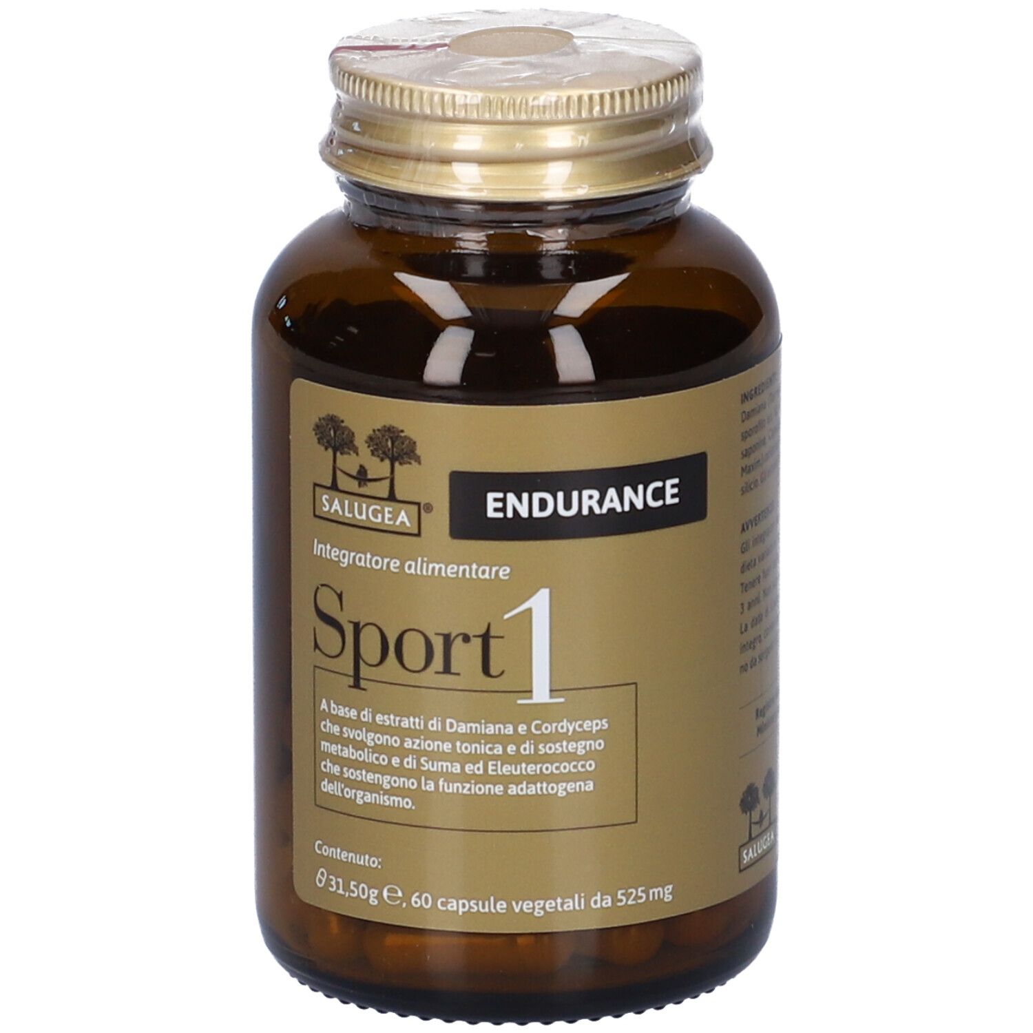 Flacone di vetro marrone con tappo dorato. Etichetta con testo: Sport 1 Endurance. 60 capsule.