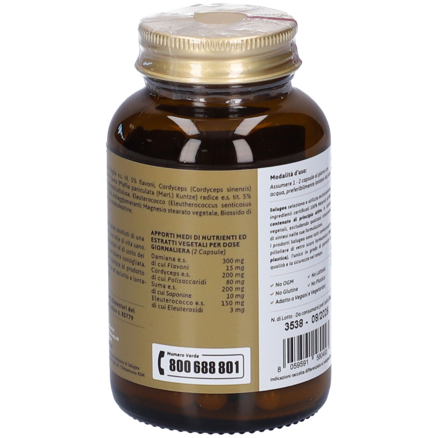 Retro del flacone Sport 1 Endurance. Ingredienti, dosaggio, informazioni nutrizionali.