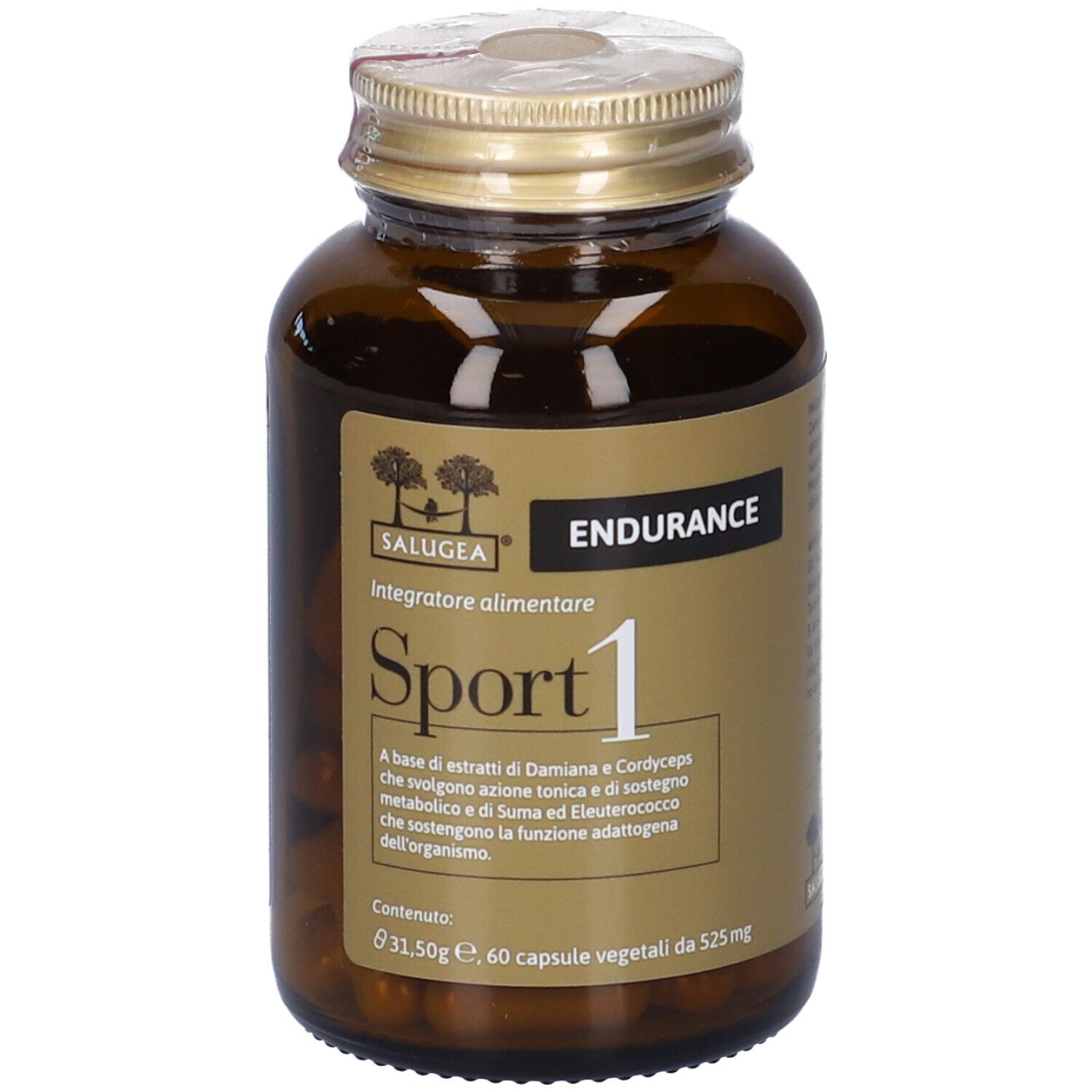 Flacone di vetro marrone con tappo dorato. Etichetta con testo: Sport 1 Endurance. 60 capsule.
