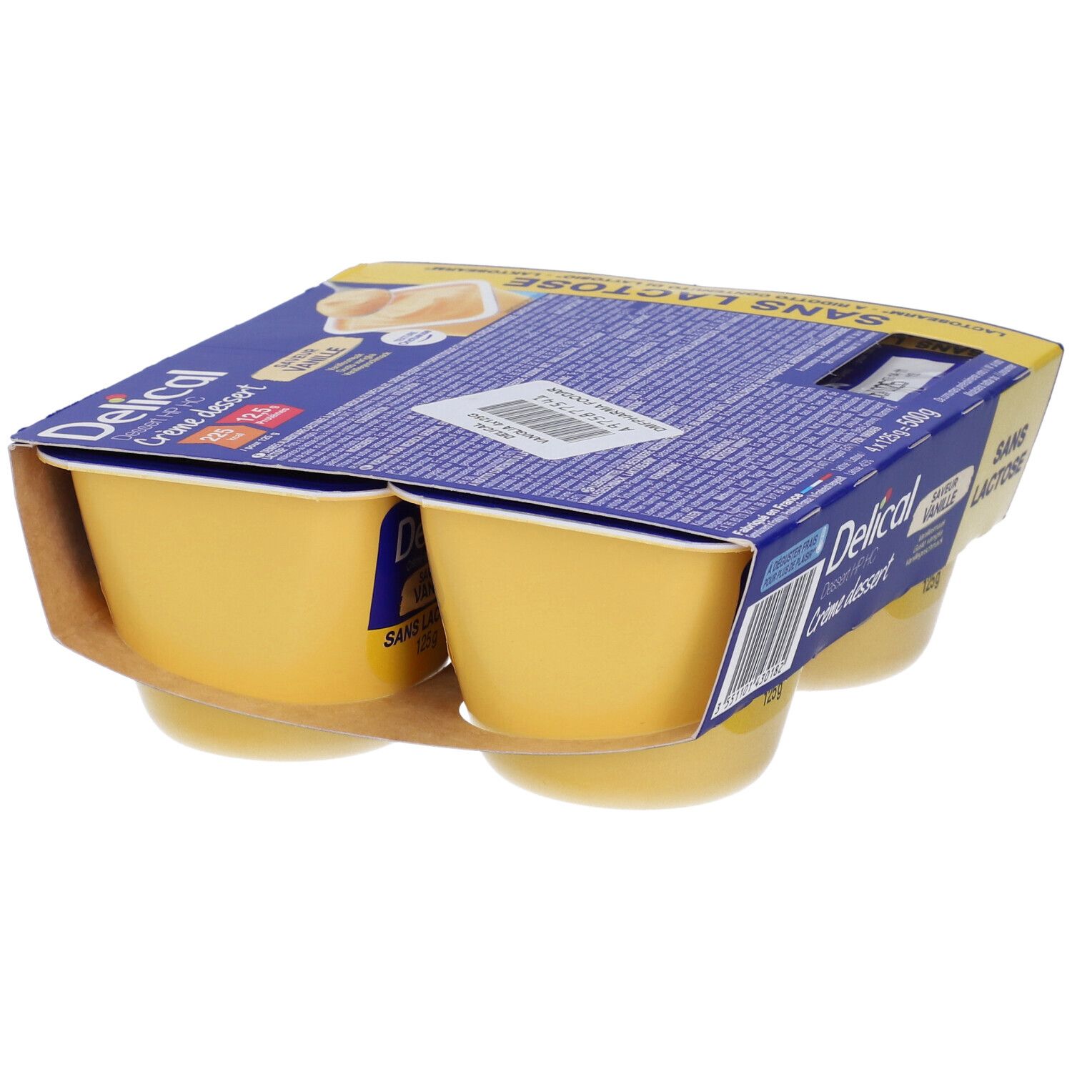 Confezione da quattro creme Delical Vaniglia, senza lattosio. Confezione blu e gialla, vista laterale.