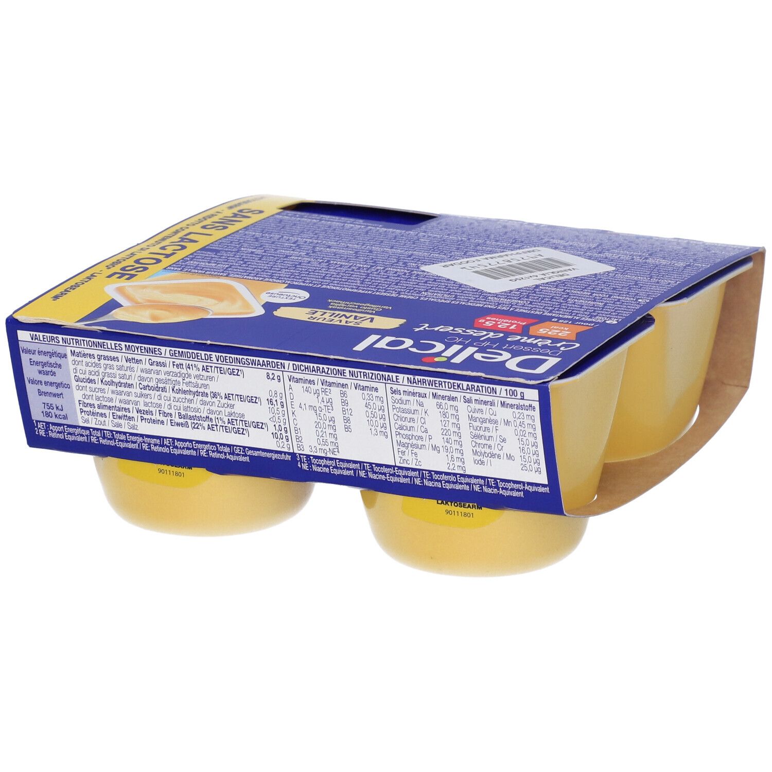 Confezione da quattro creme Delical Vaniglia, senza lattosio. Retro con informazioni nutrizionali.